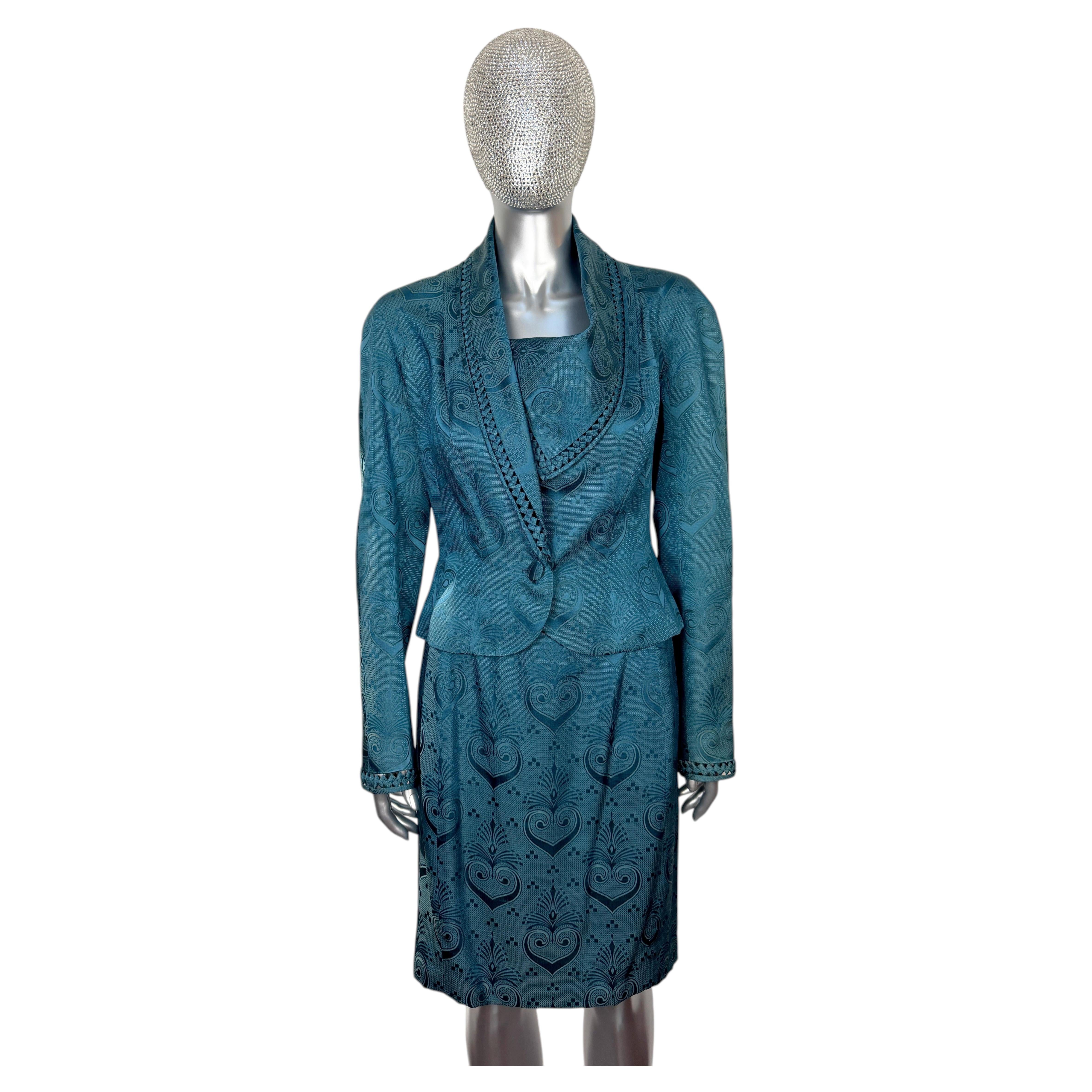 John Galliano Spring 1999 Blue Silk Brocade Skirt Suit