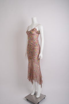 John Galliano Spring 2004 Pink and Ecru Check Jersey Ensemble with Floral Motif