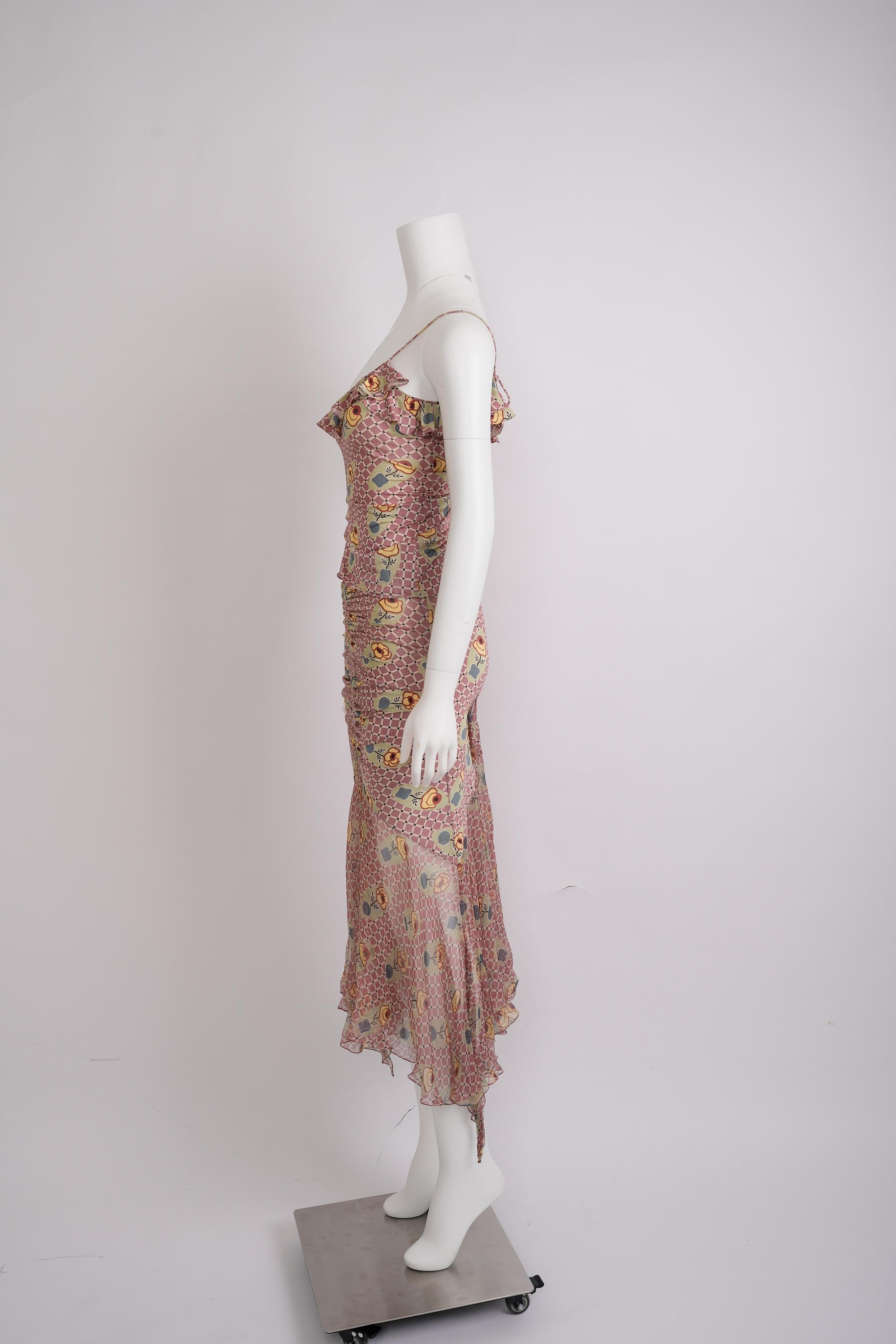 Marrone John Galliano - Primavera 2004 - abito in jersey a quadri rosa ed ecrù con motivo floreale in vendita