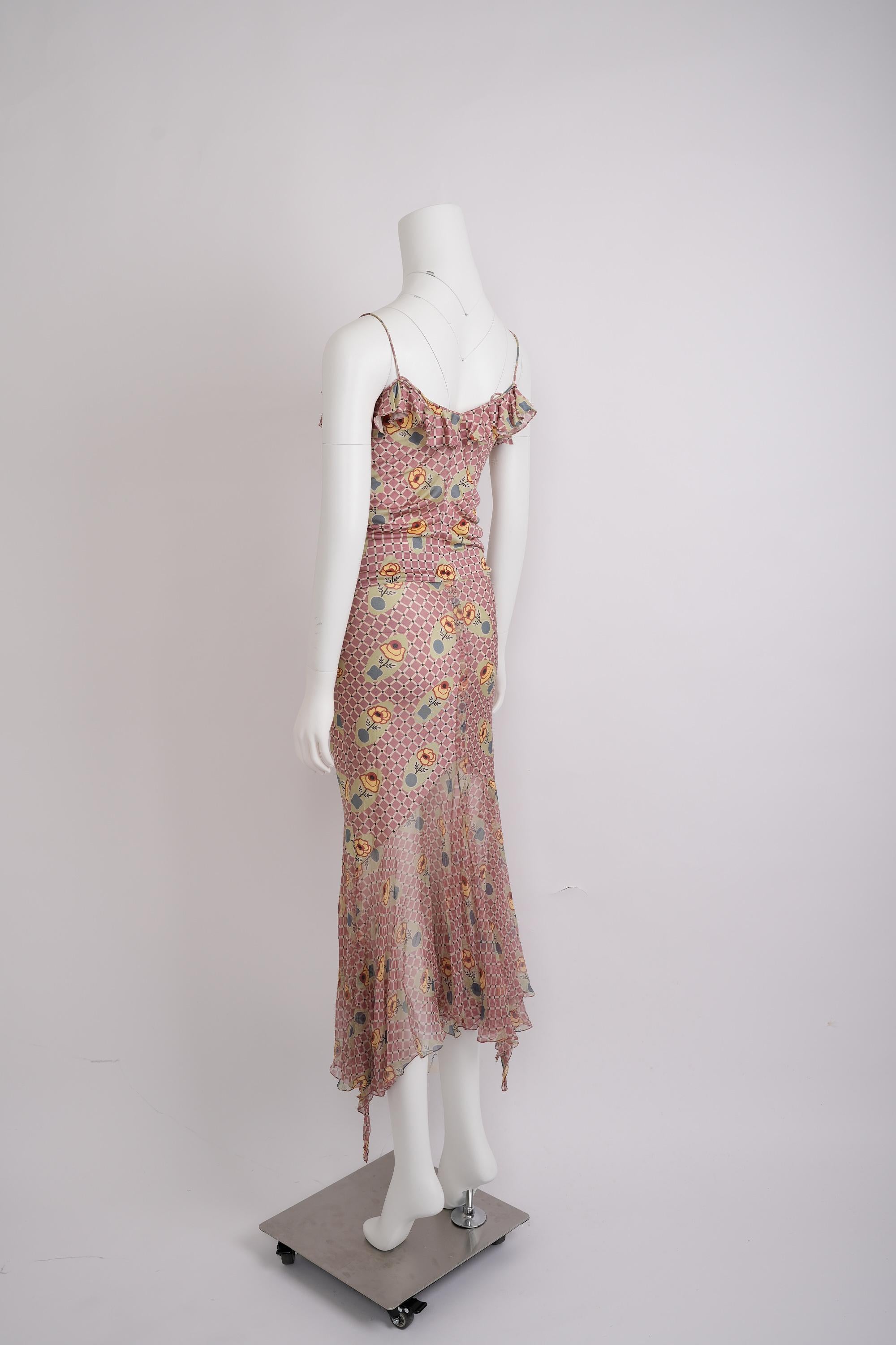 John Galliano - Primavera 2004 - abito in jersey a quadri rosa ed ecrù con motivo floreale In condizioni buone in vendita a Hong Kong, HK