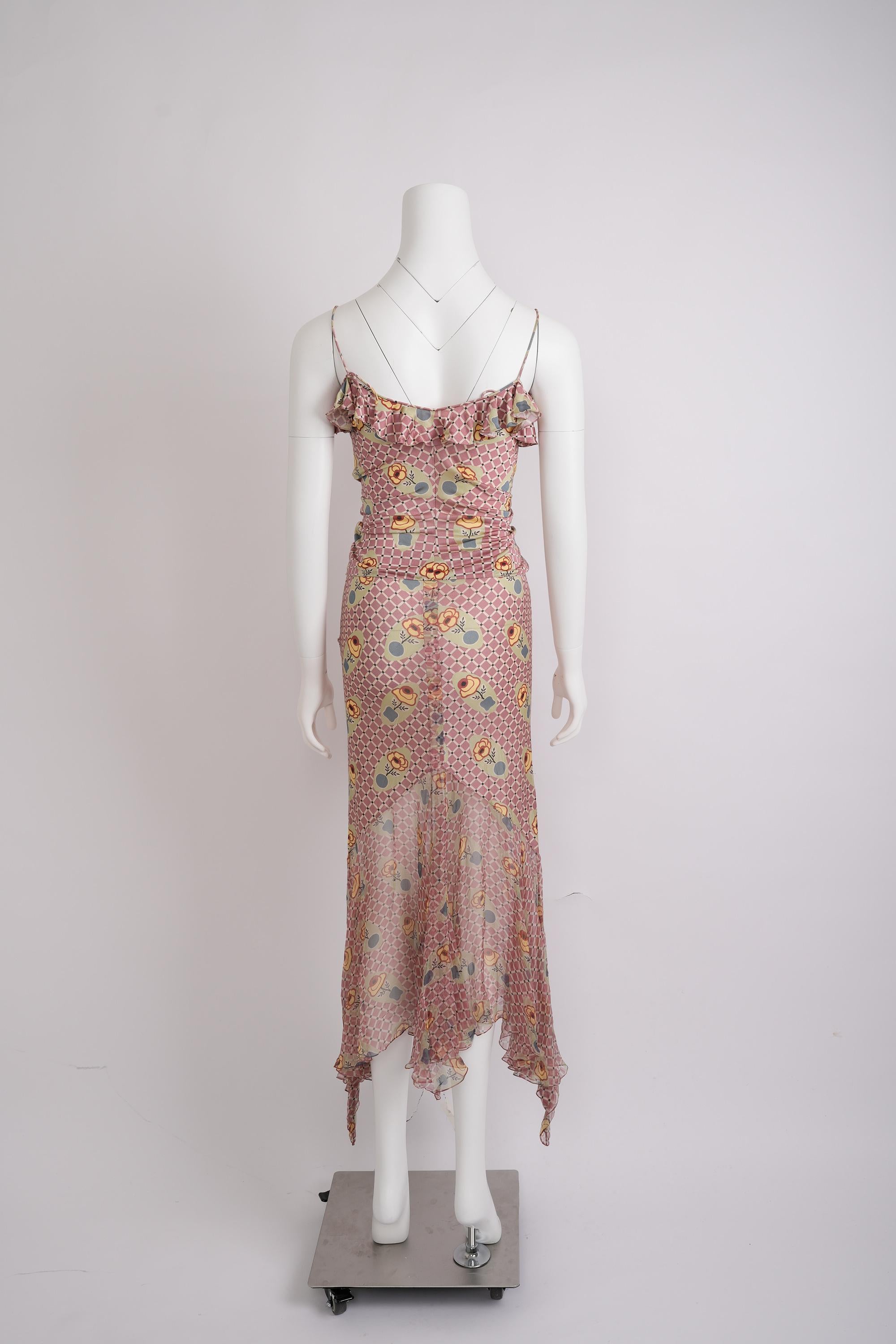 Donna John Galliano - Primavera 2004 - abito in jersey a quadri rosa ed ecrù con motivo floreale in vendita