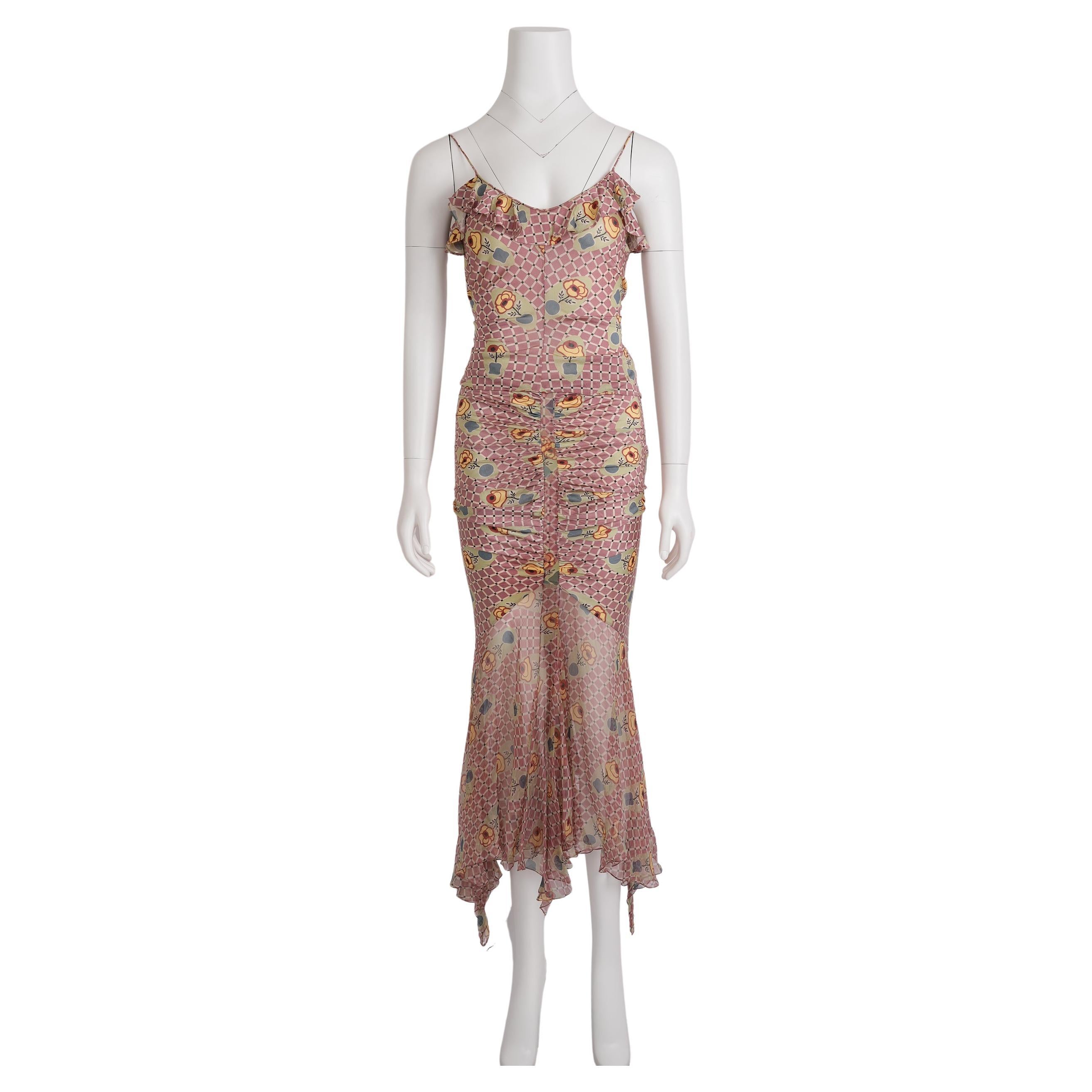 John Galliano - Primavera 2004 - abito in jersey a quadri rosa ed ecrù con motivo floreale in vendita