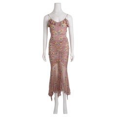 John Galliano Spring 2004 Pink and Ecru Check Jersey Ensemble with Floral Motif