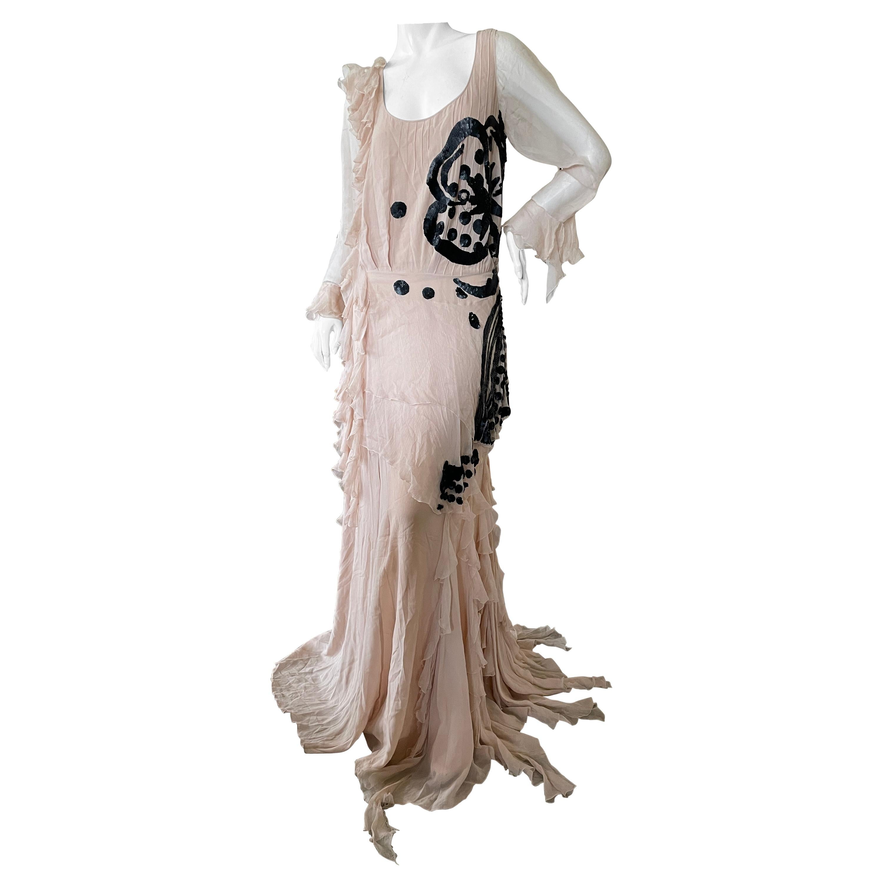 John Galliano Spring 2007 Ruffled Evening Dress w Matte Black Sequins Book Piece For Sale