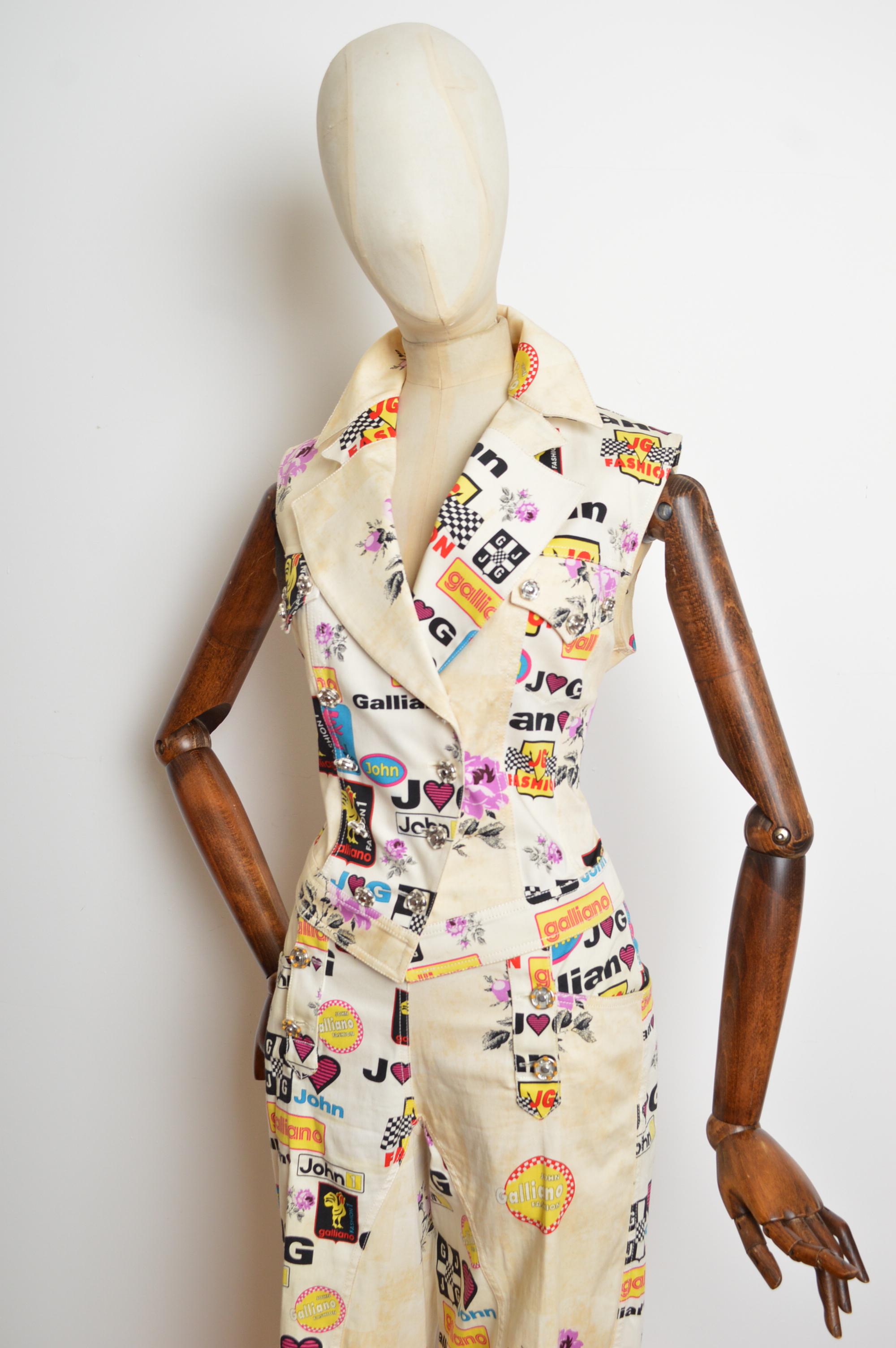 John Galliano Spring /Summer 2002 Runway Waistcoat Top & Matching Low rise Pants For Sale 13