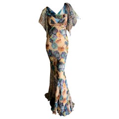 John Galliano Spring Summer 2006 Floral Silk Bias Cut Evening Dress with Ruffles