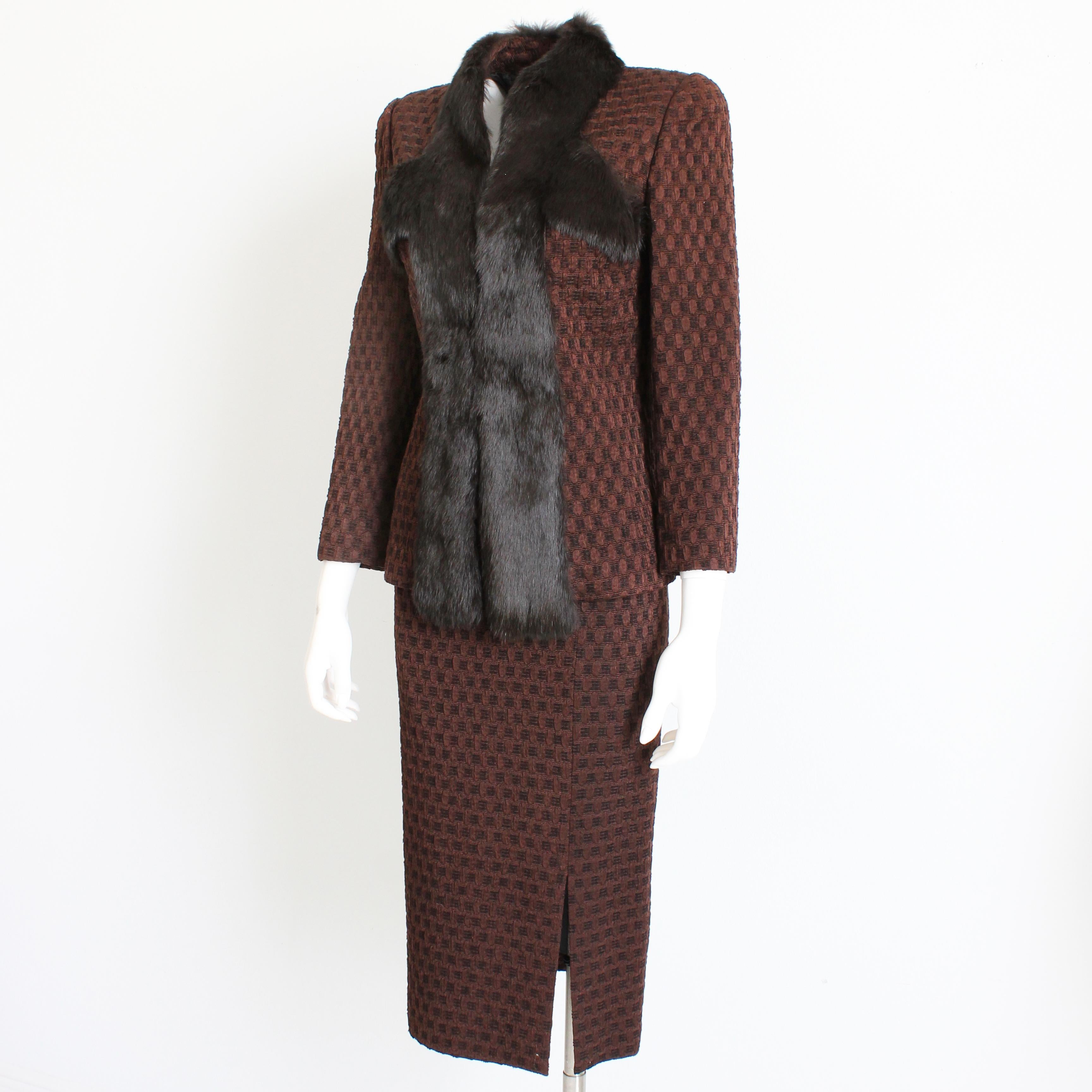 John Galliano Suit 2pc Rabbit Trim Jacket and Pencil Skirt Silk Wool Knit Sz 6 For Sale 3