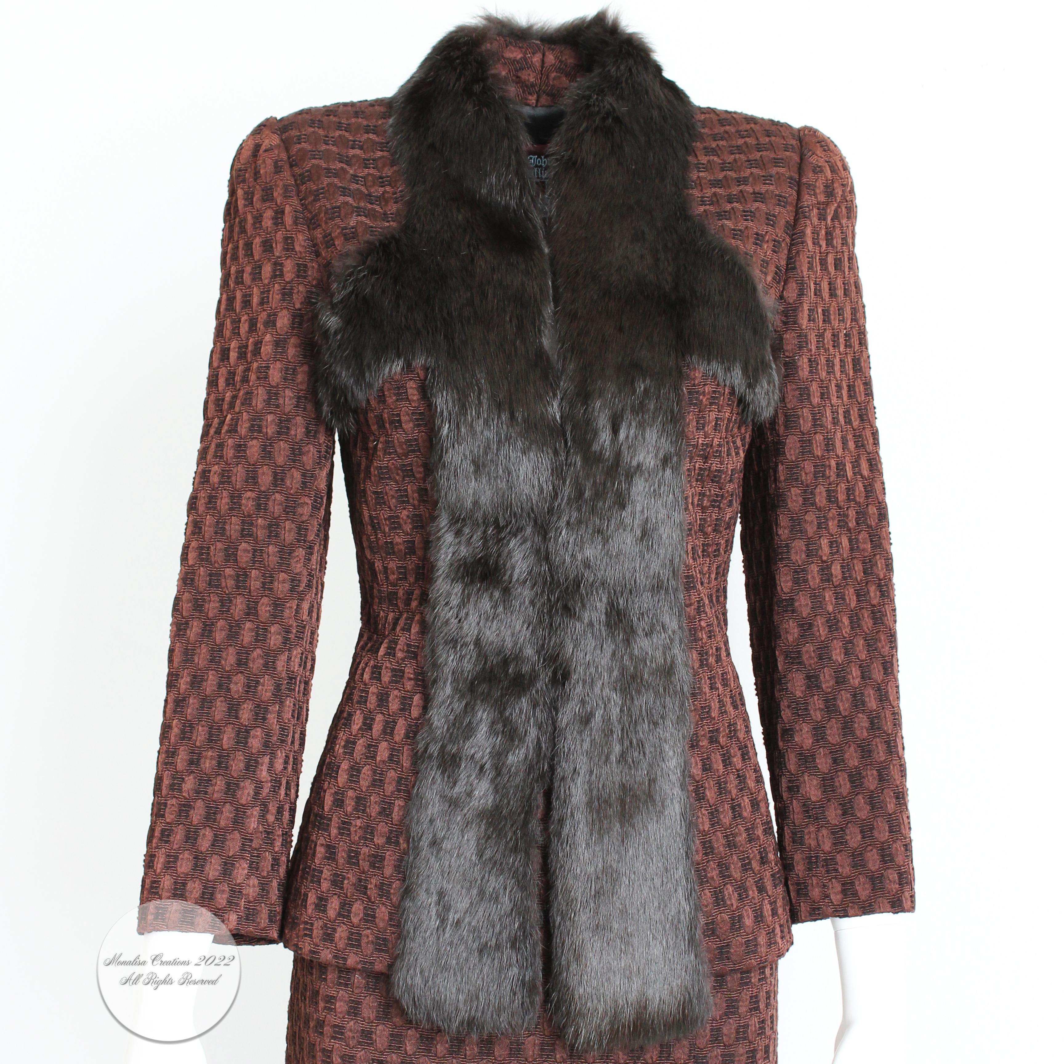 This incredible jacket and skirt ensemble was made by John Galliano, most likely in the late 90s or early 2000s. 

Made from a wonderful textured knit of brown silk and wool, the jacket is fitted and trimmed in supple Rex Rabbit fur.  The skirt