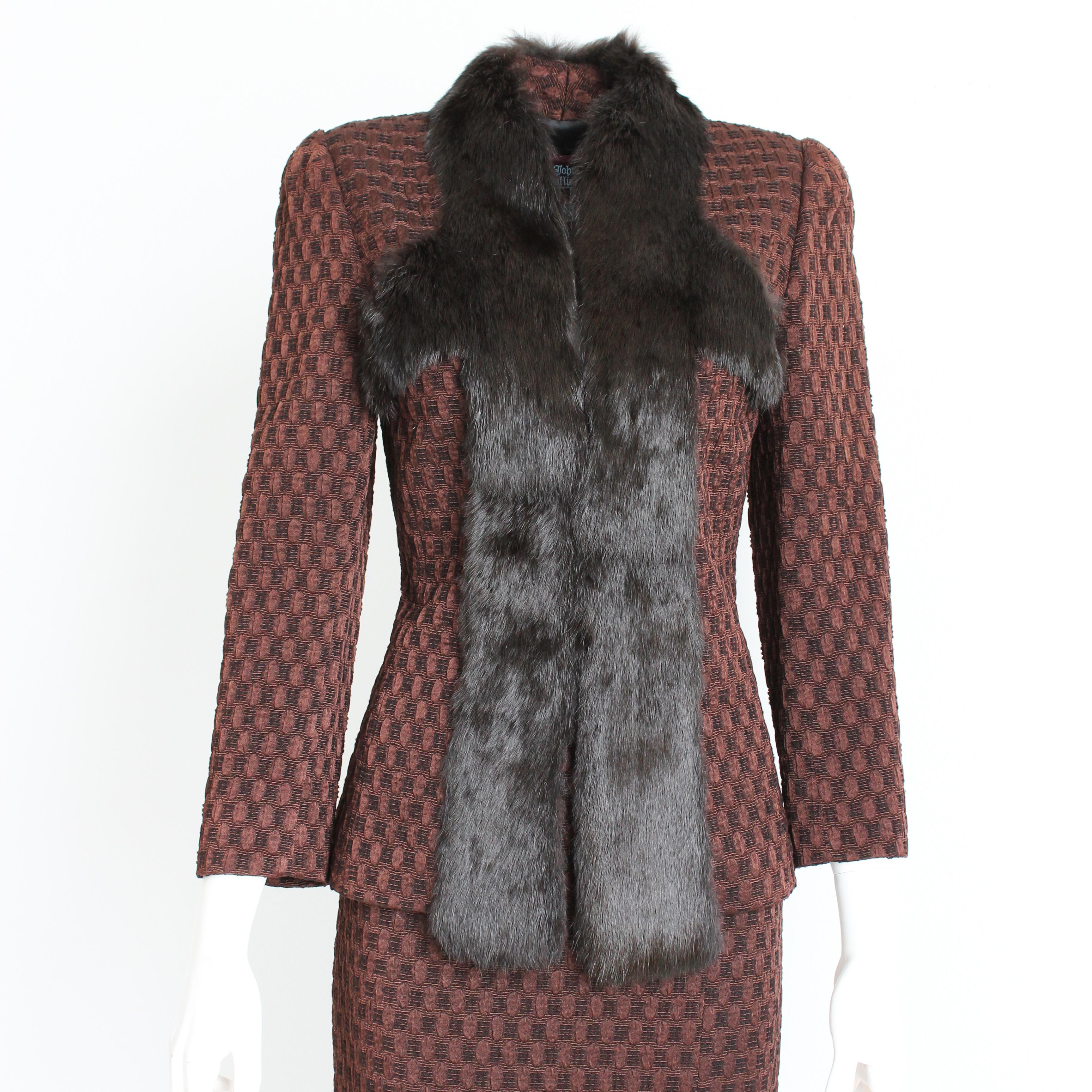 John Galliano - Costume 2 pièces veste et jupe crayon en laine et maille de soie bordée de lapin, taille 6 Pour femmes en vente