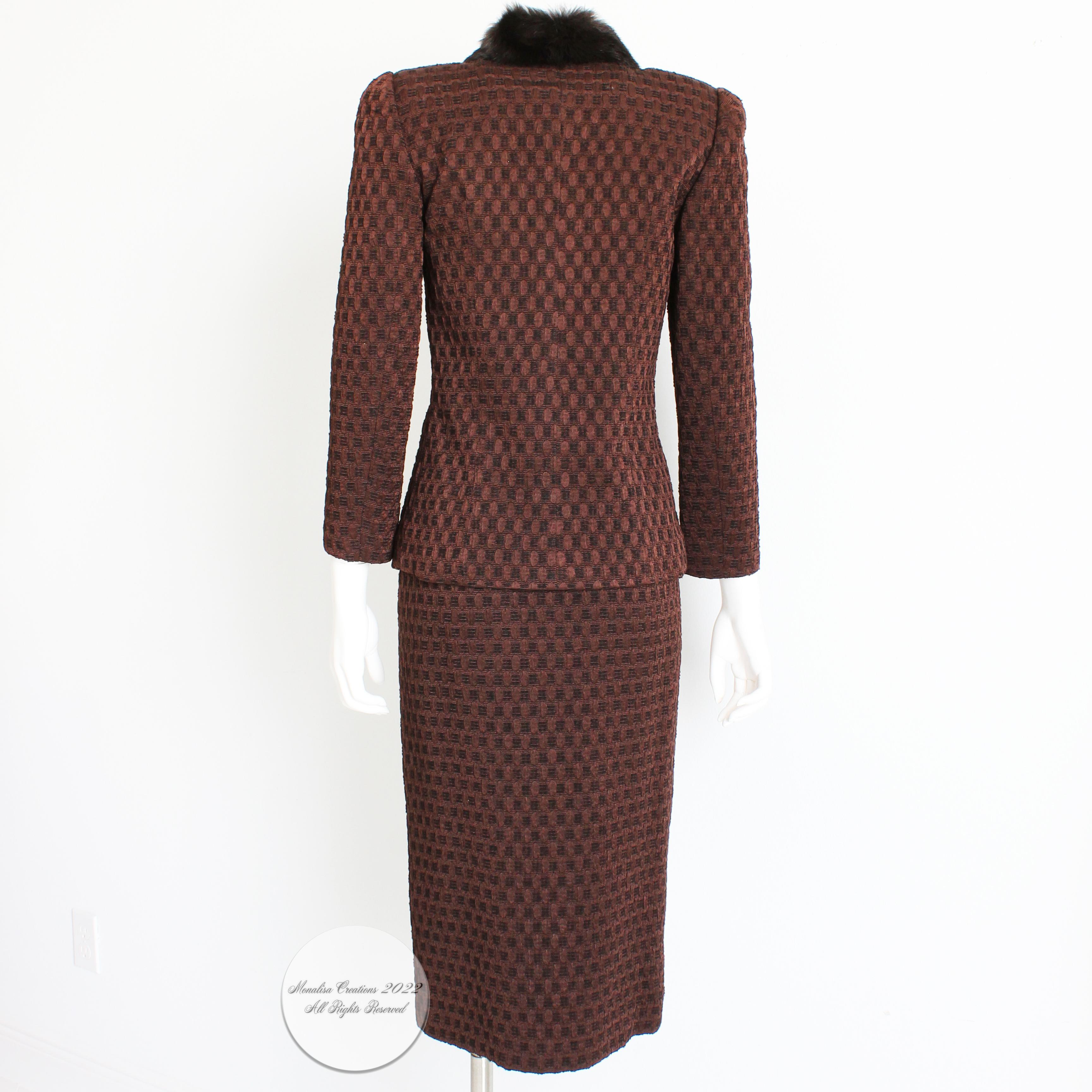 John Galliano Suit 2pc Rabbit Trim Jacket and Pencil Skirt Silk Wool Knit Sz 6 In Good Condition For Sale In Port Saint Lucie, FL