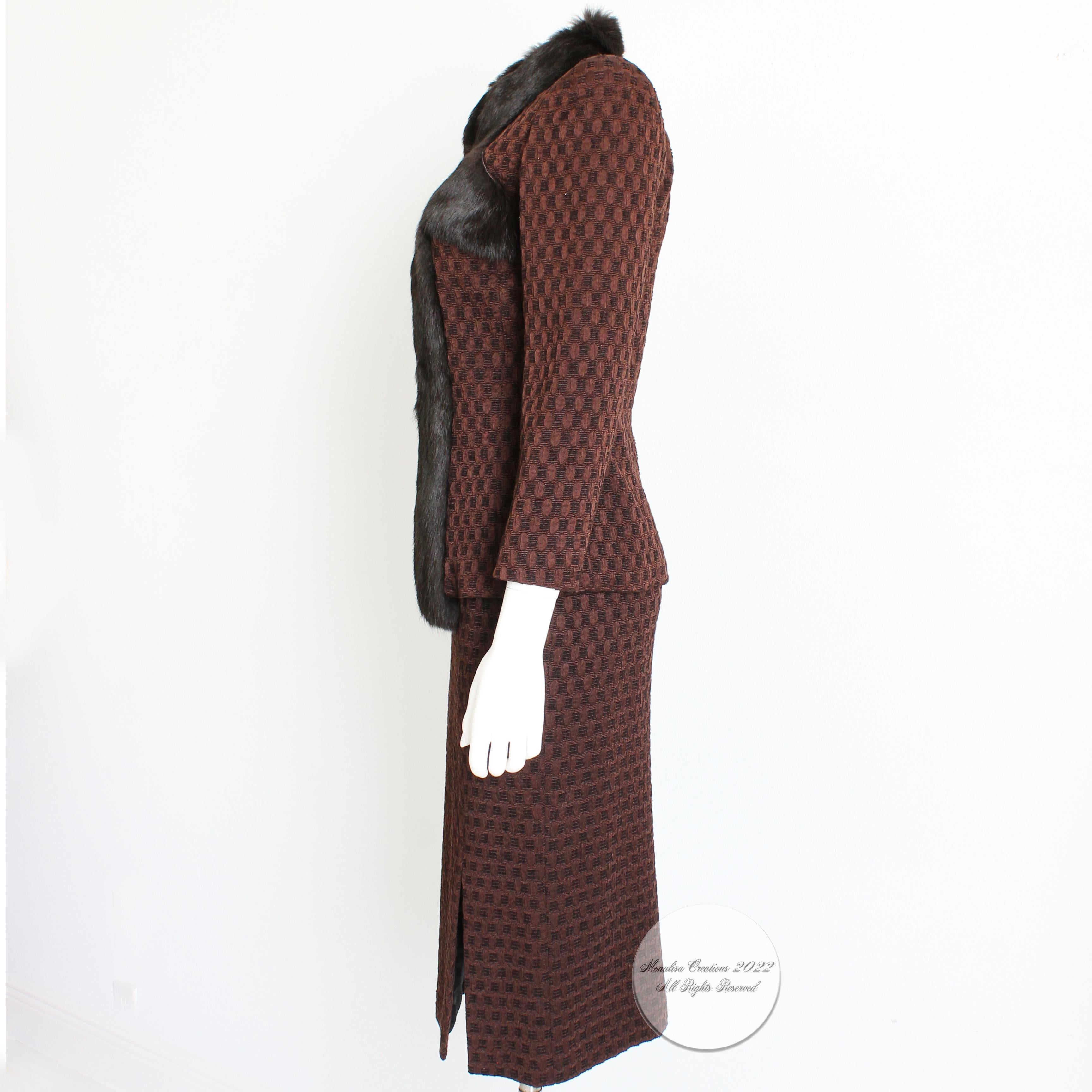 John Galliano Suit 2pc Rabbit Trim Jacket and Pencil Skirt Silk Wool Knit Sz 6 For Sale 1