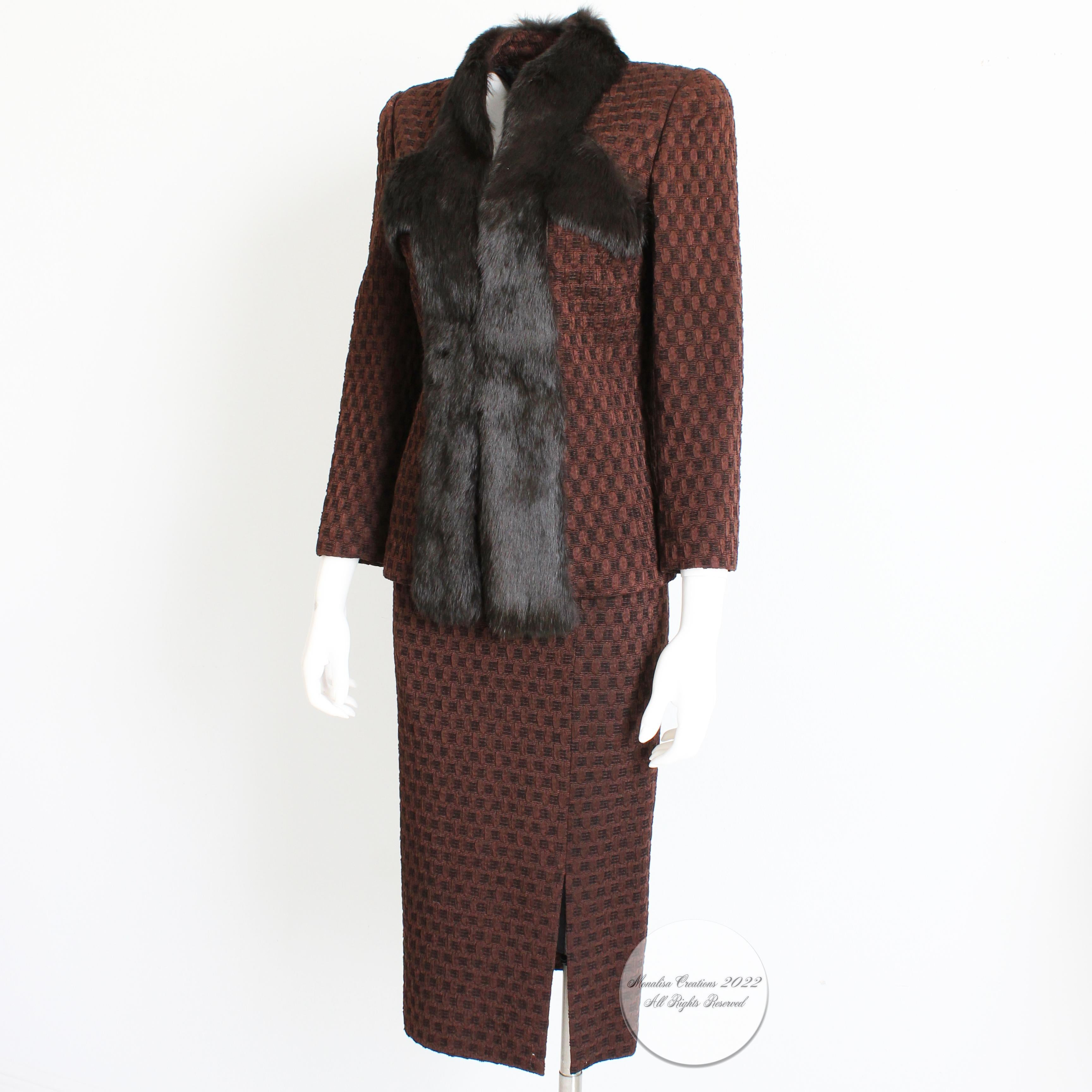 John Galliano Suit 2pc Rabbit Trim Jacket and Pencil Skirt Silk Wool Knit Sz 6 For Sale 2