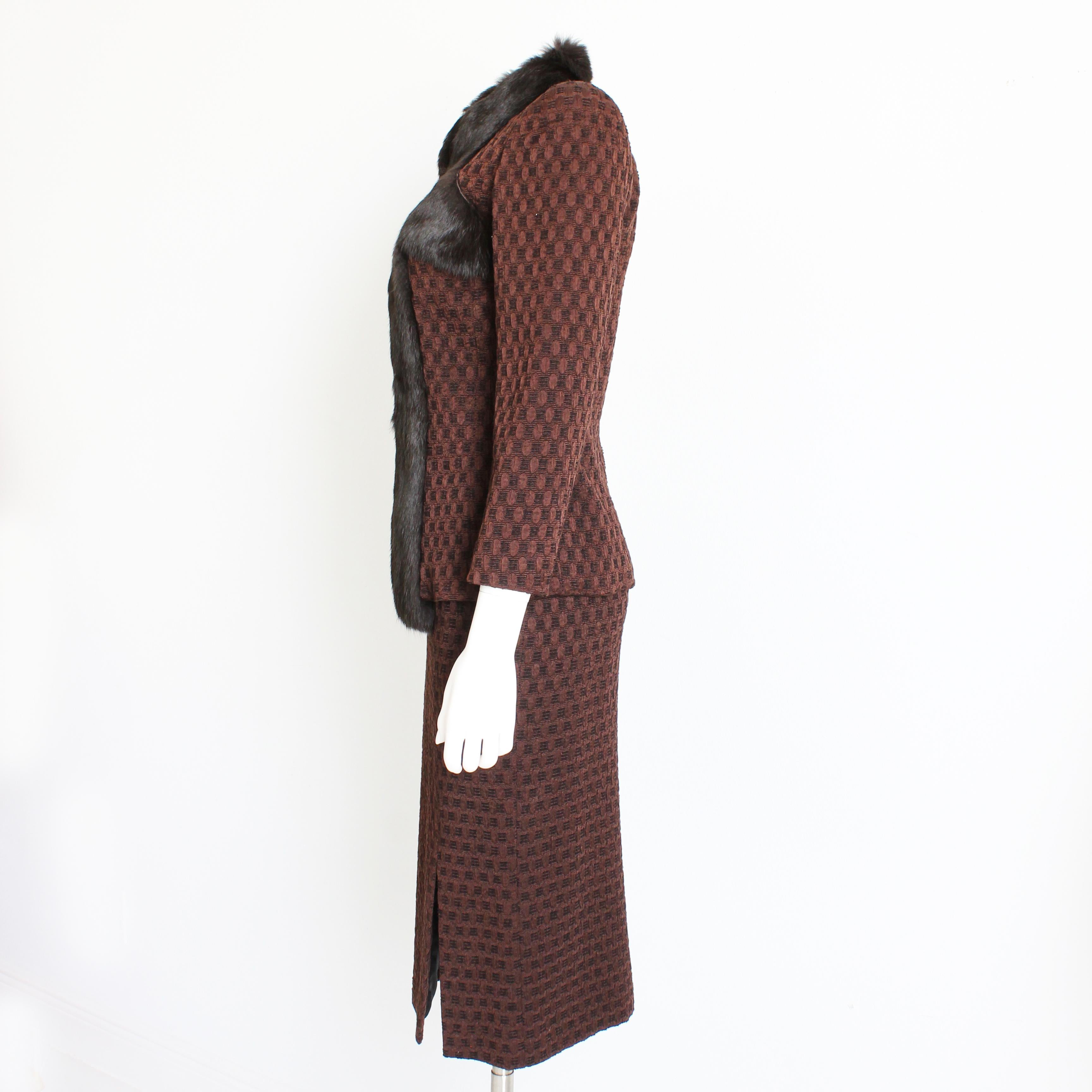 John Galliano Suit 2pc Rabbit Trim Jacket and Pencil Skirt Silk Wool Knit Sz 6 For Sale 2