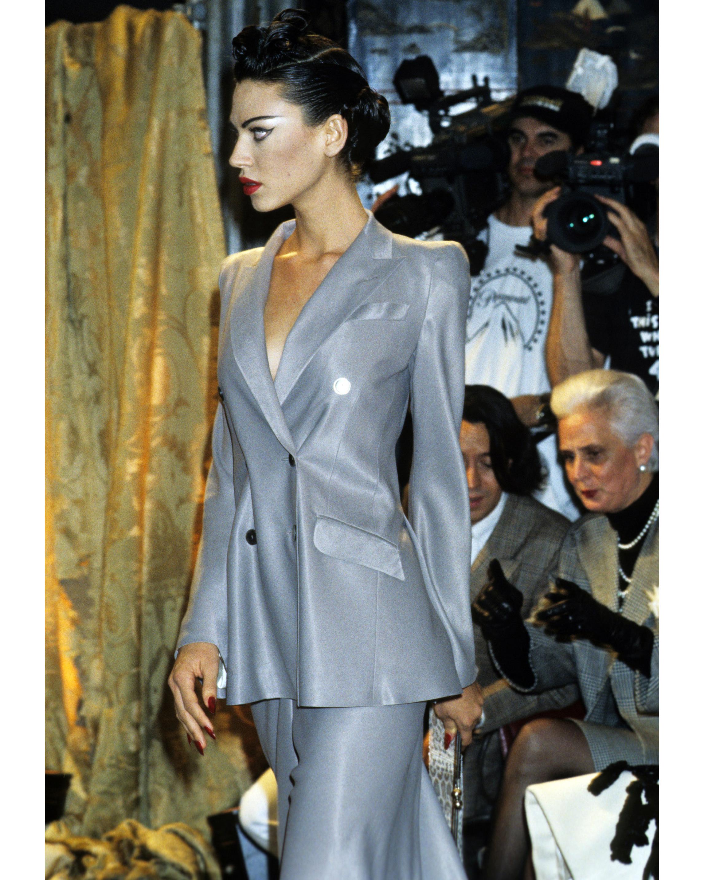 Gray John Galliano taupe satin blazer jacket and wrap skirt showpiece suit, ss 1995