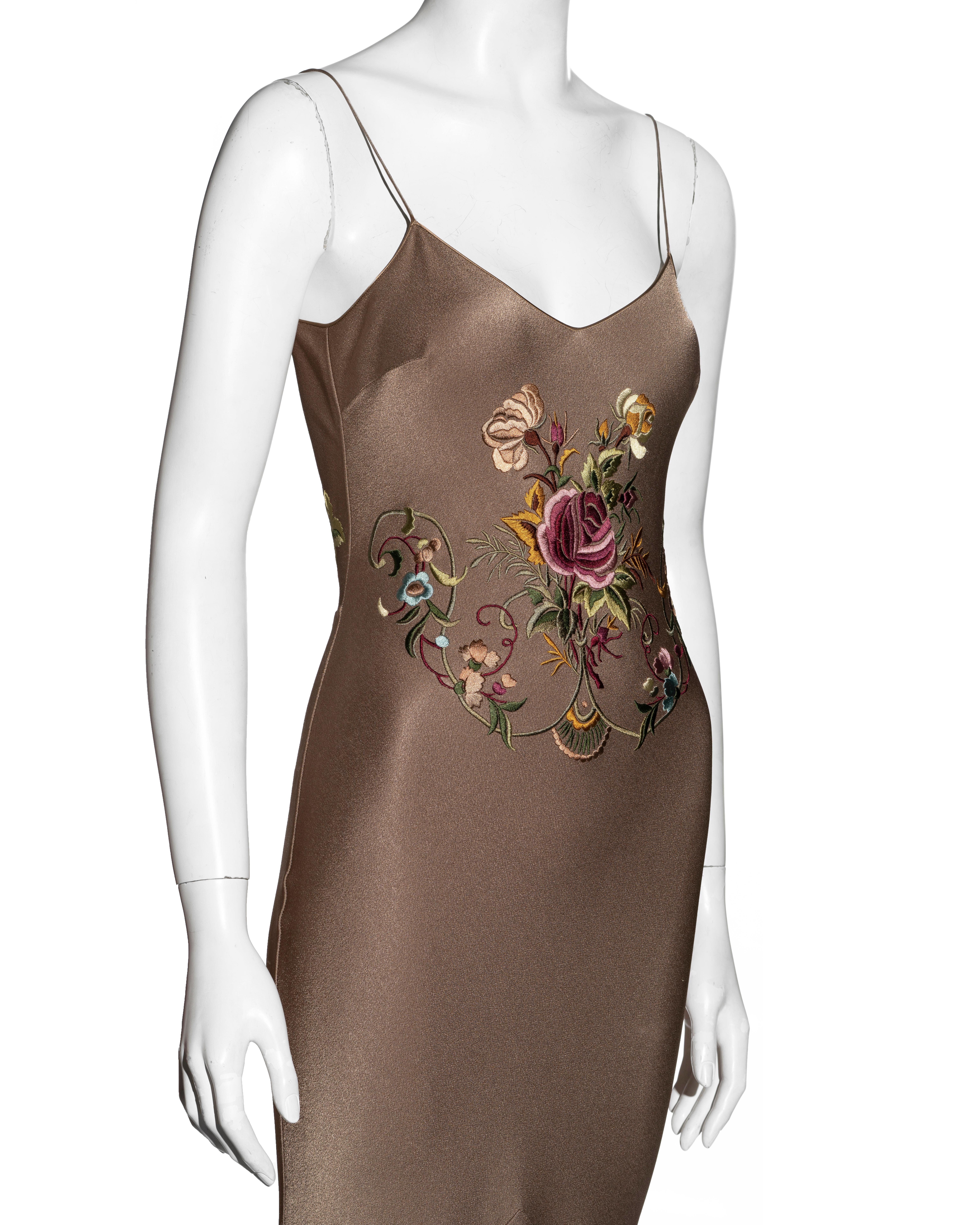 Brown John Galliano taupe satin crepe evening dress with floral embroidery, ss 2003 For Sale