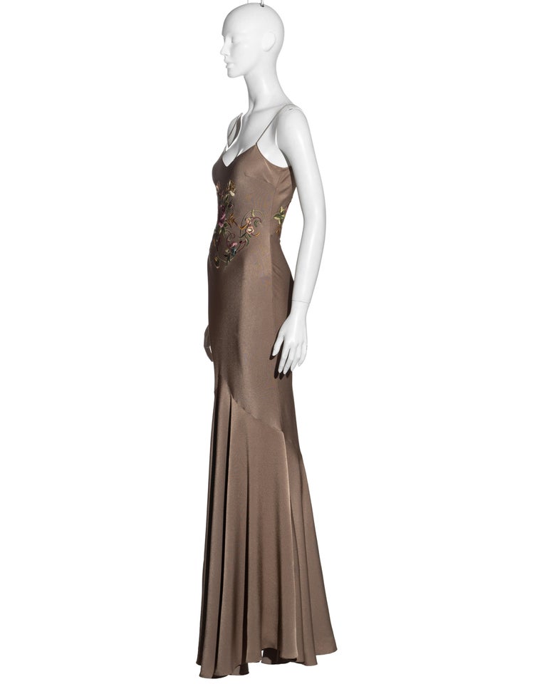 John Galliano taupe satin crepe evening dress with floral embroidery ...