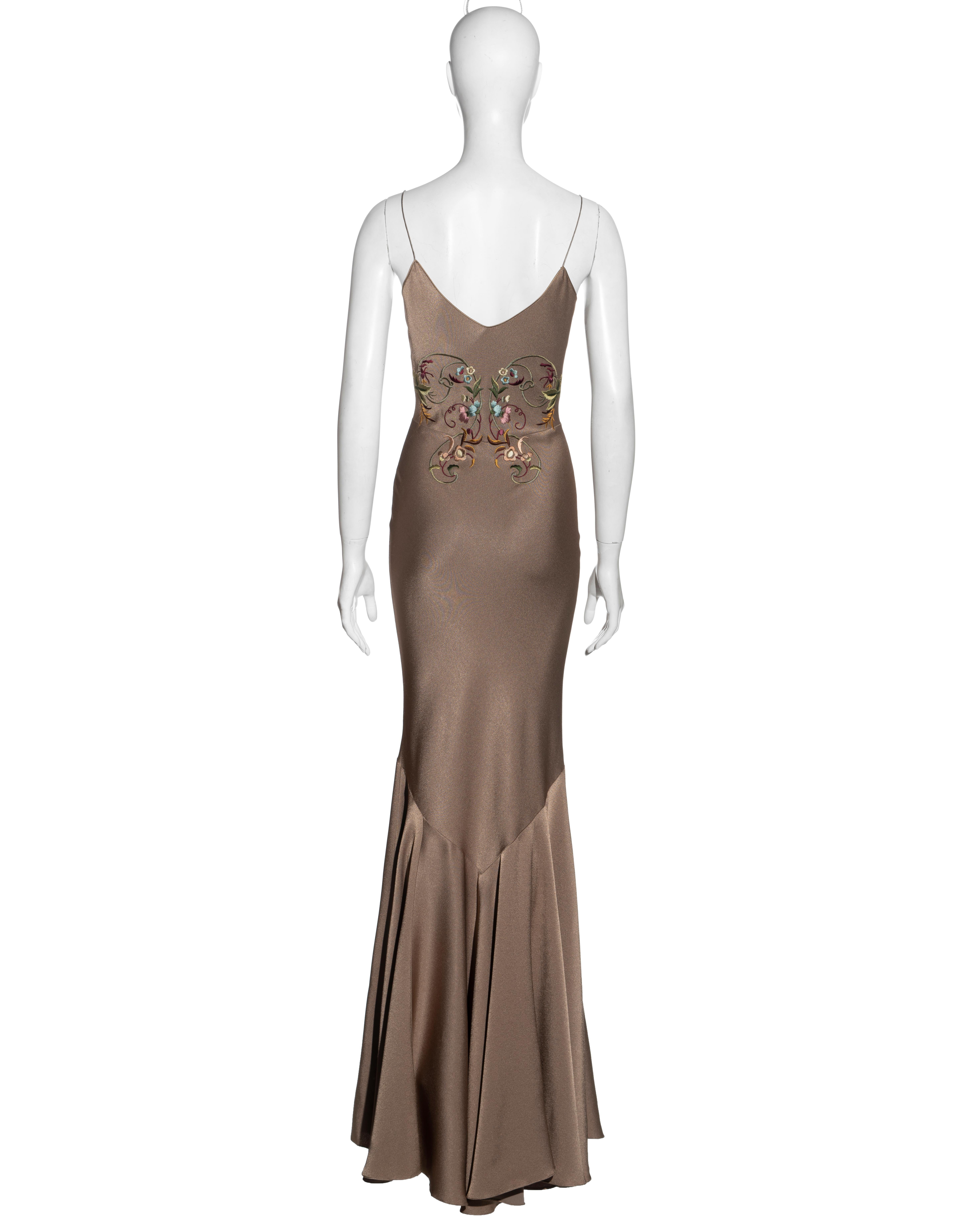Women's John Galliano taupe satin crepe evening dress with floral embroidery, ss 2003 For Sale