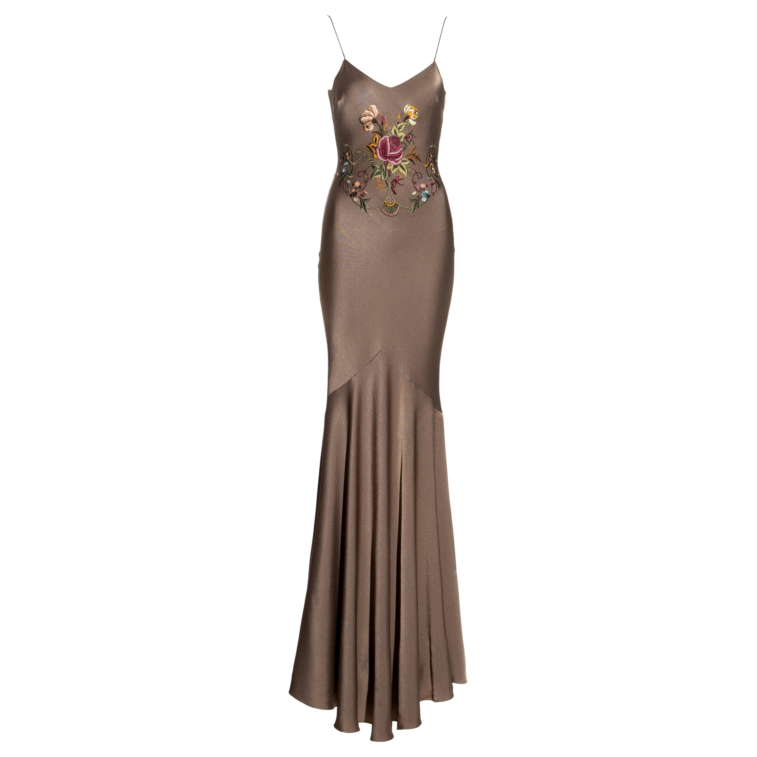 John Galliano taupefarbenes Abendkleid aus Satin-Crêpe mit Blumenstickerei, Frühjahr/Sommer 2003