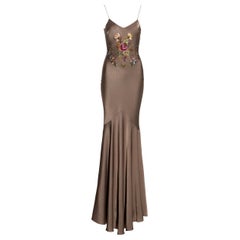 John Galliano taupe satin crepe evening dress with floral embroidery, ss 2003