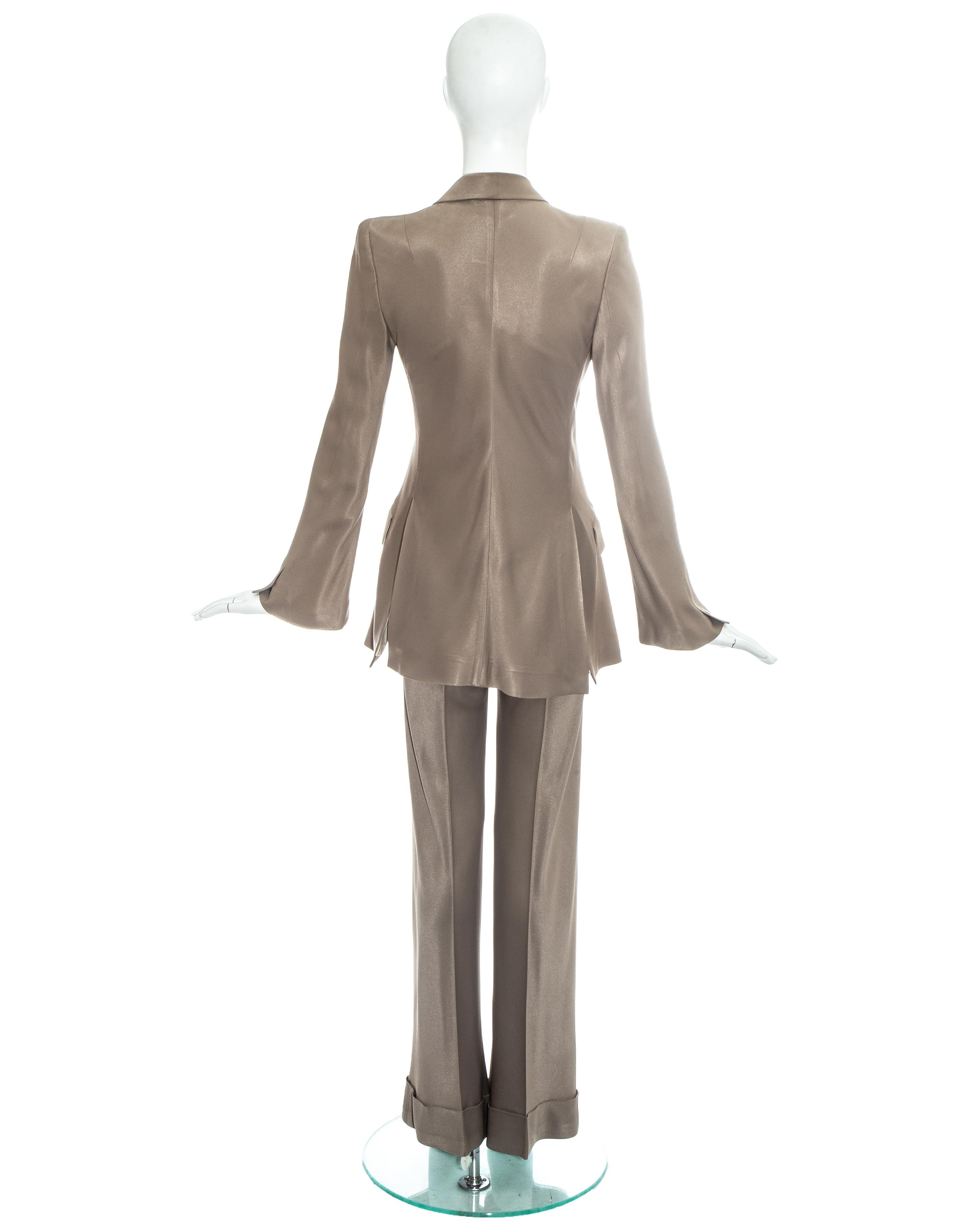 Brown John Galliano taupe satin double breasted pant suit, ss 1995 For Sale