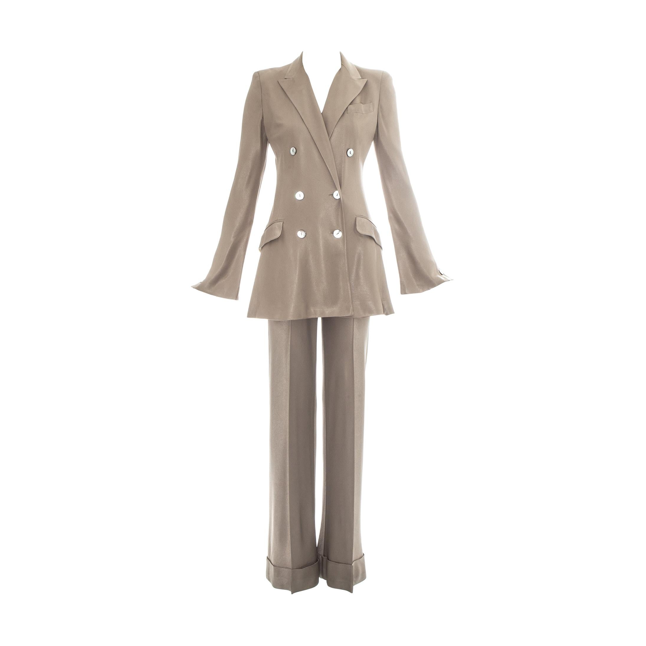 John Galliano taupe satin double breasted pant suit, ss 1995 For Sale