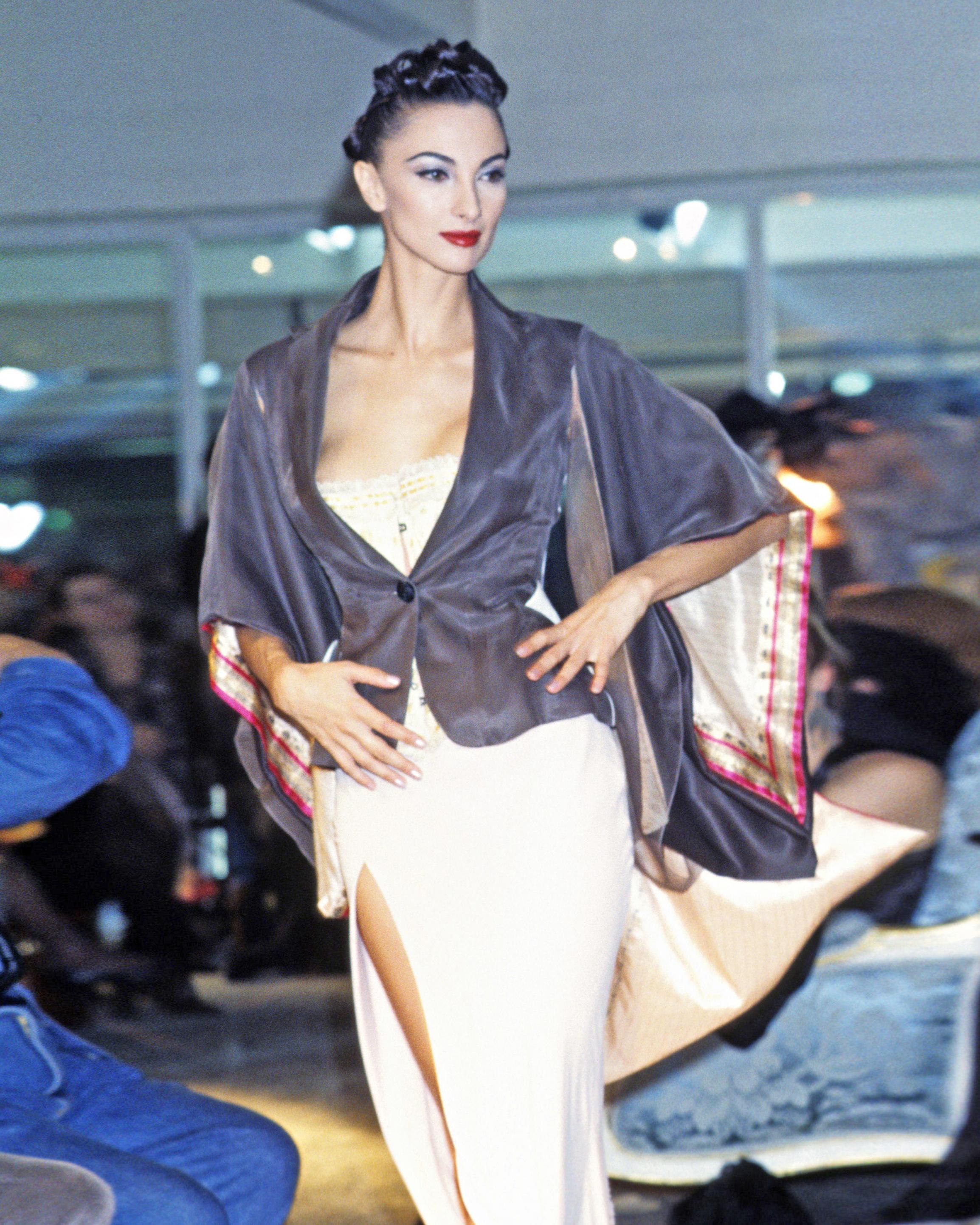 John Galliano taupe silk kimono-sleeve jacket and maxi skirt suit, ss 1995 14
