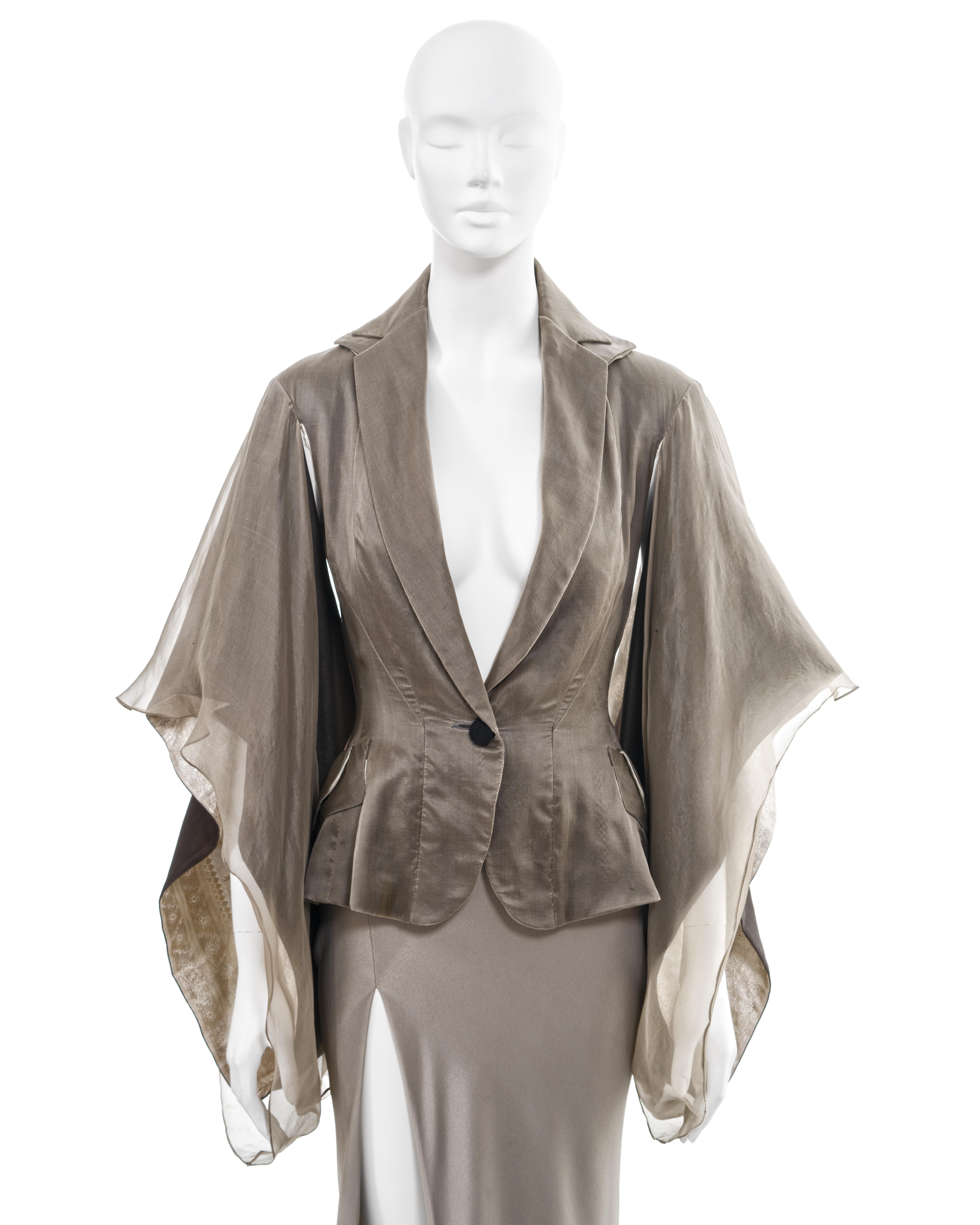 John Galliano taupe silk kimono-sleeve jacket and maxi skirt suit, ss 1995 In Good Condition In London, GB