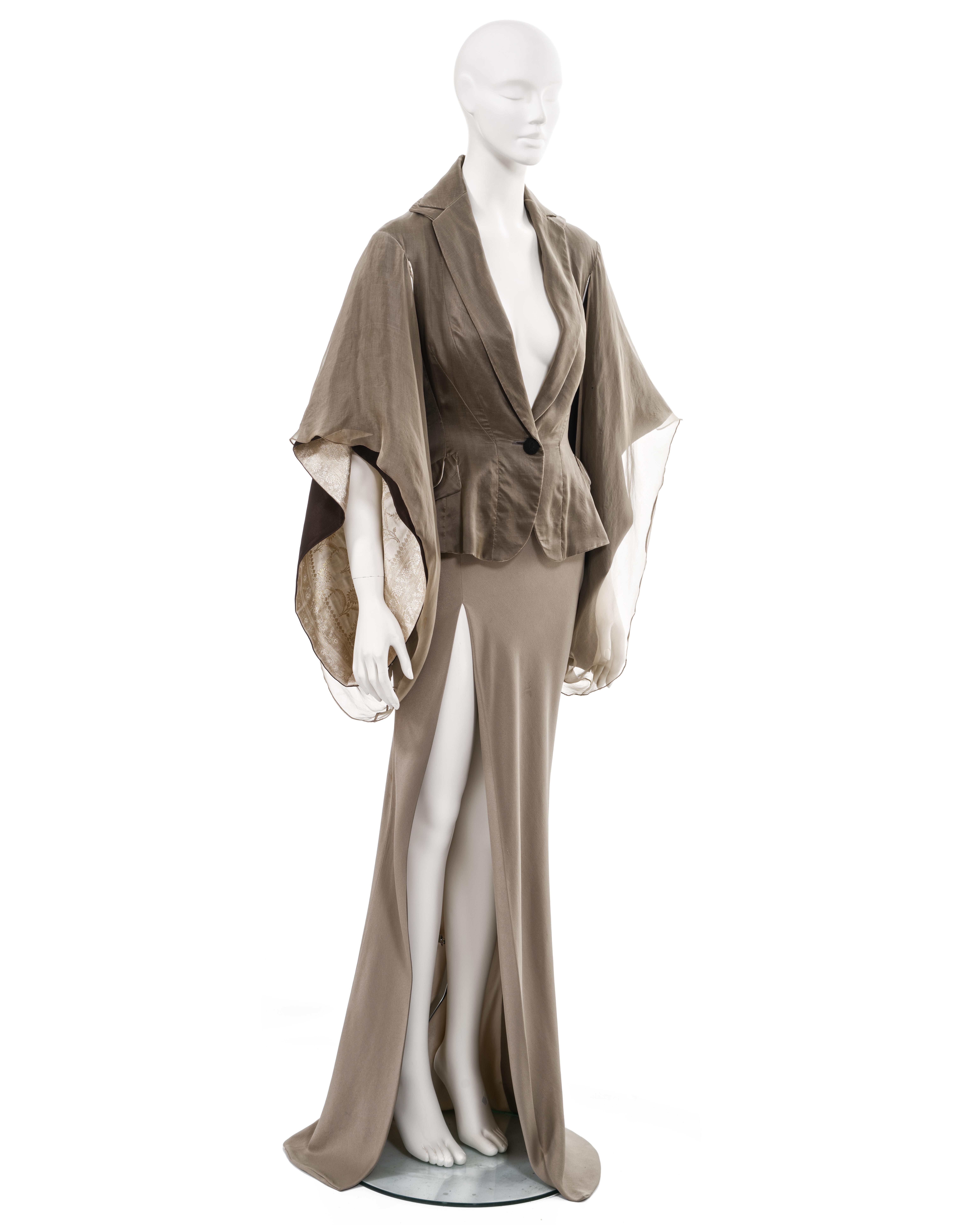 John Galliano taupe silk kimono-sleeve jacket and maxi skirt suit, ss 1995 1