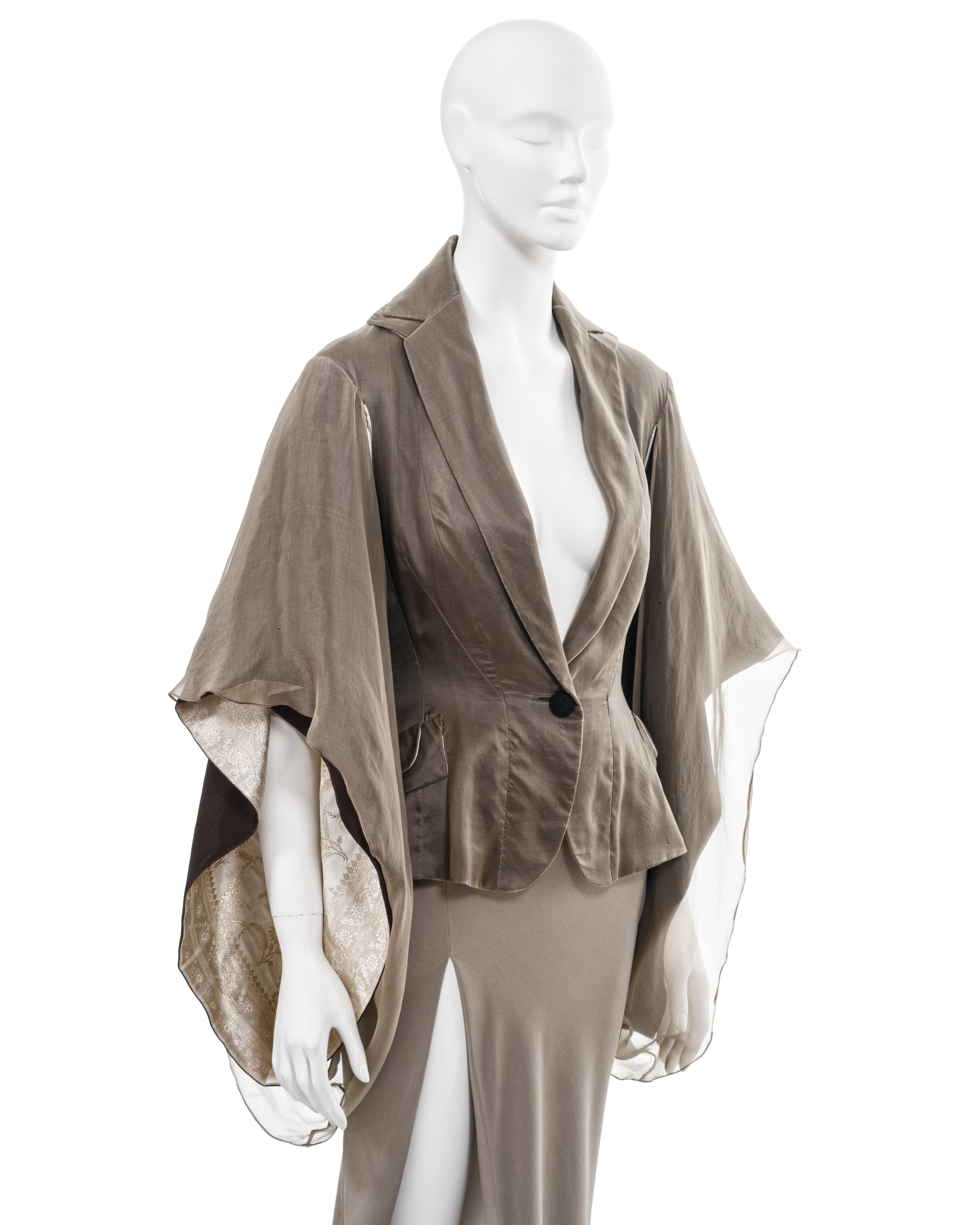 John Galliano taupe silk kimono-sleeve jacket and maxi skirt suit, ss 1995 2