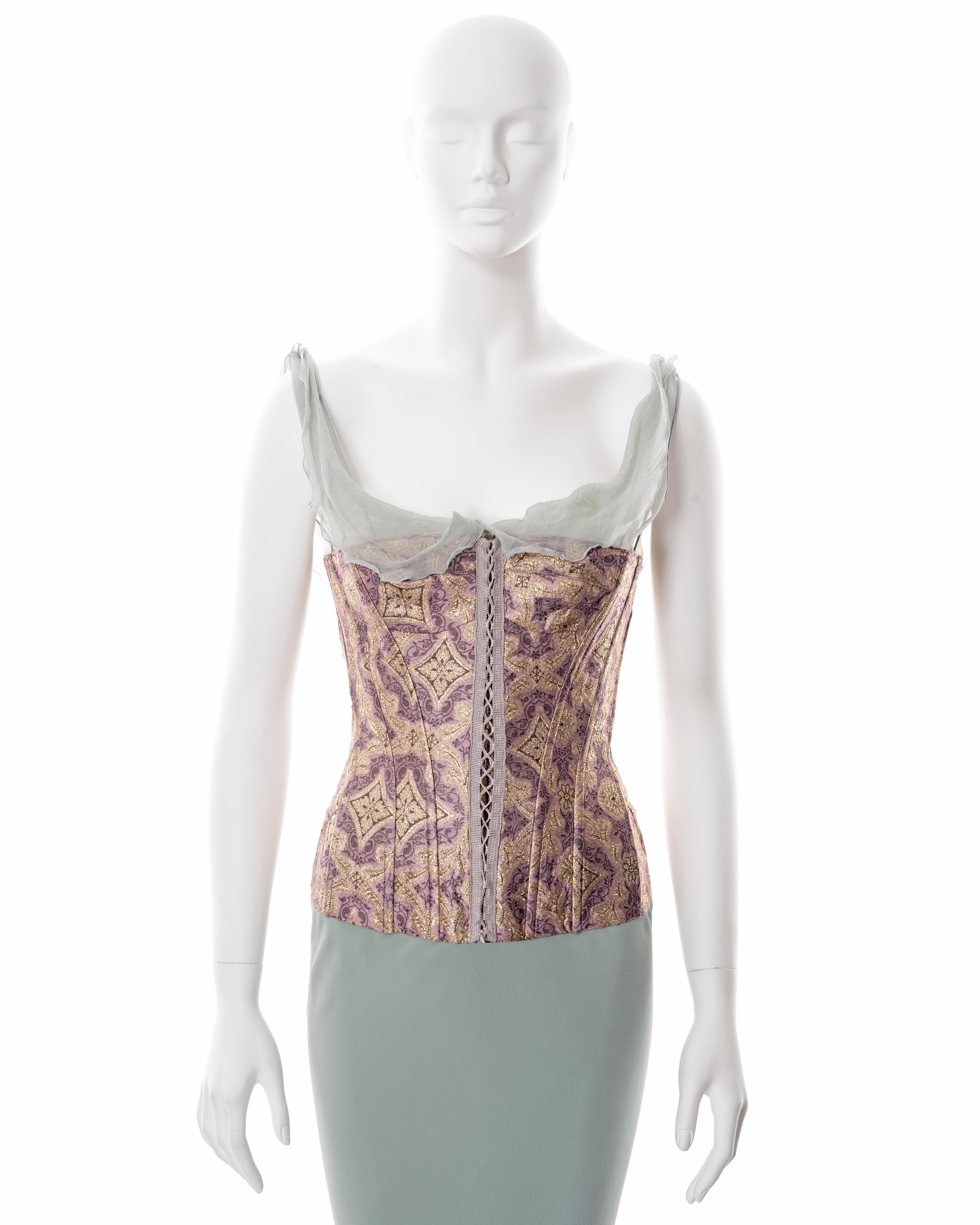 John Galliano teal bias cut silk evening dress with brocade corset, ss 2003 In Excellent Condition For Sale In London, GB