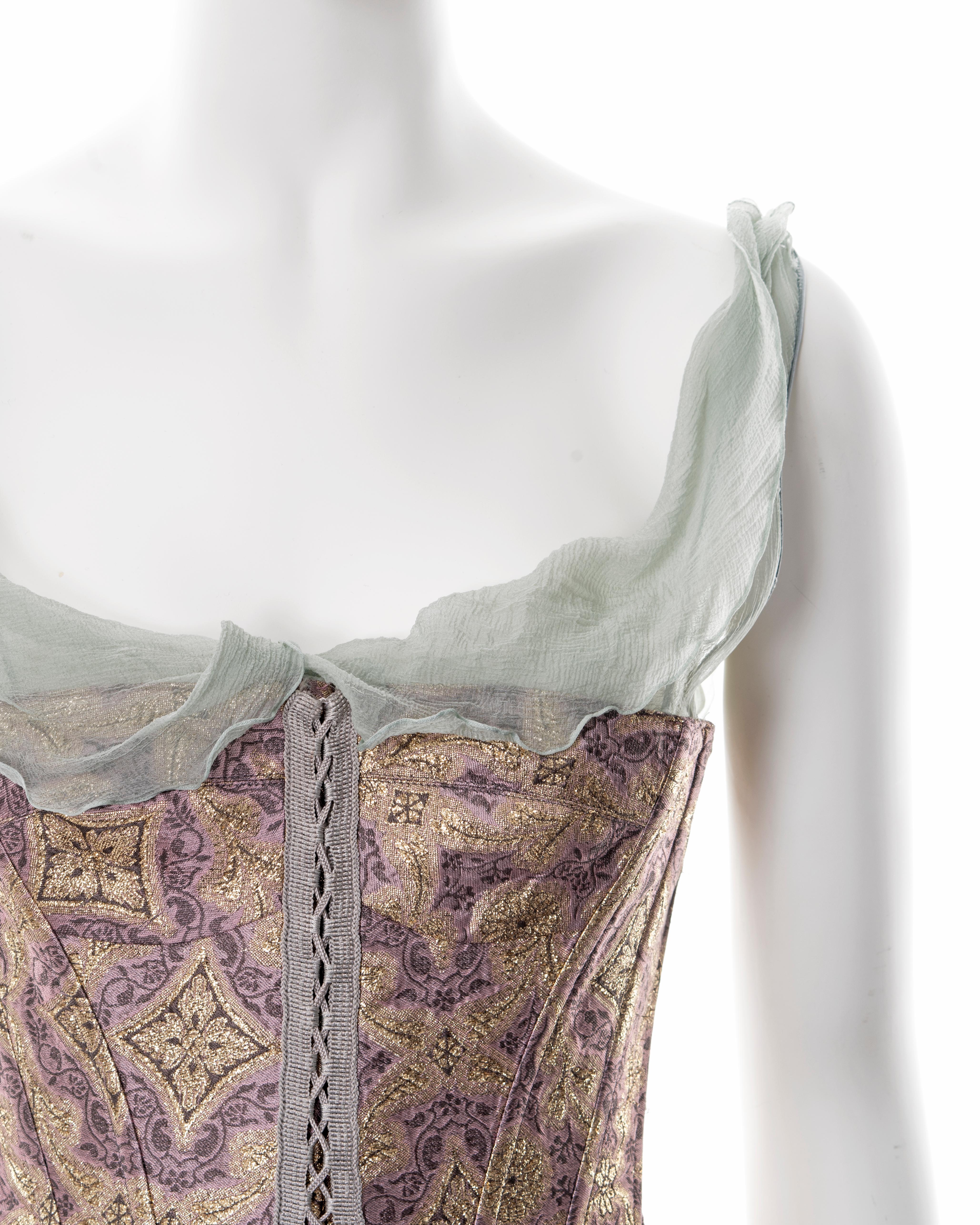 Women's John Galliano teal bias cut silk evening dress with brocade corset, ss 2003 For Sale