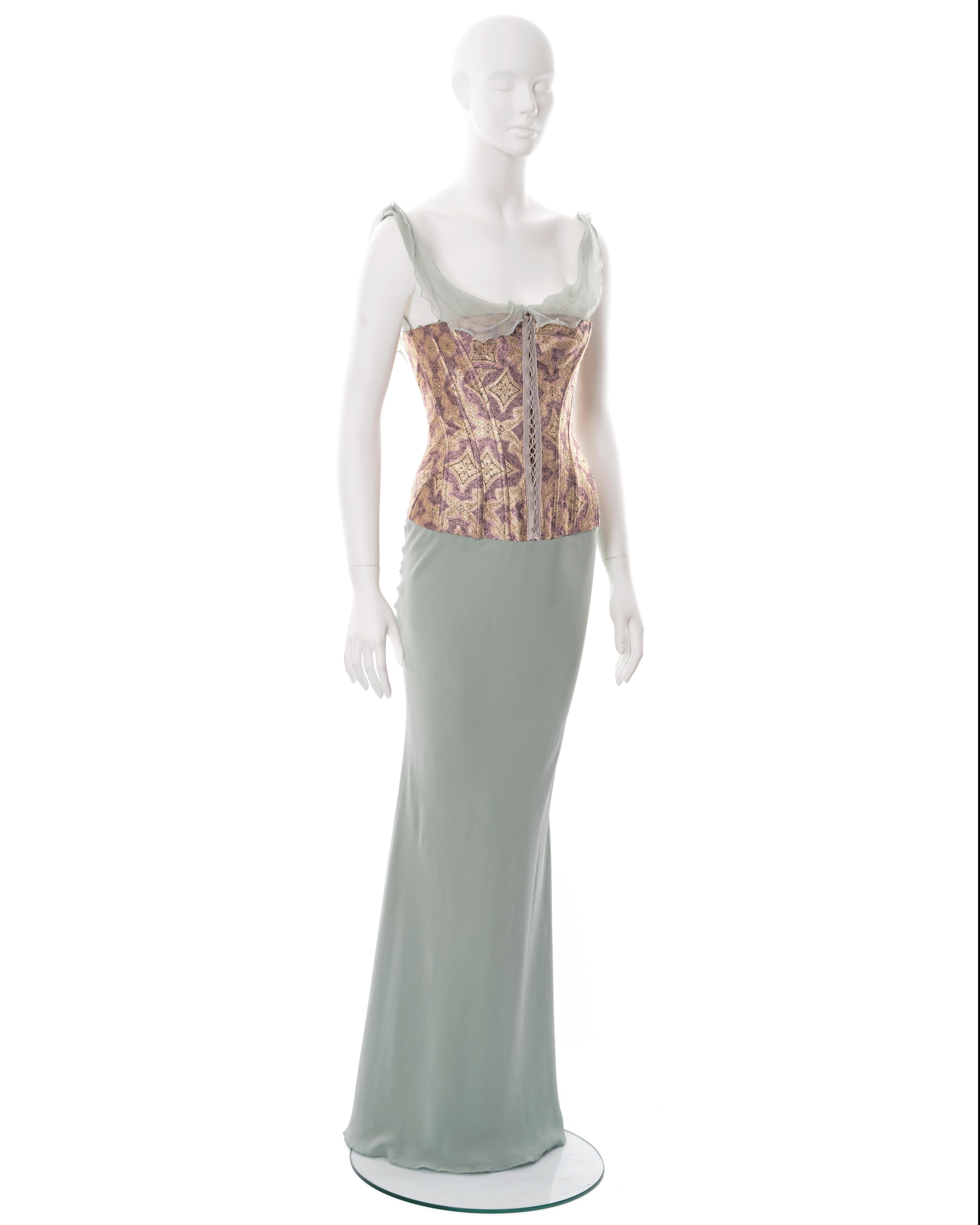 John Galliano teal bias cut silk evening dress with brocade corset, ss 2003 For Sale 1