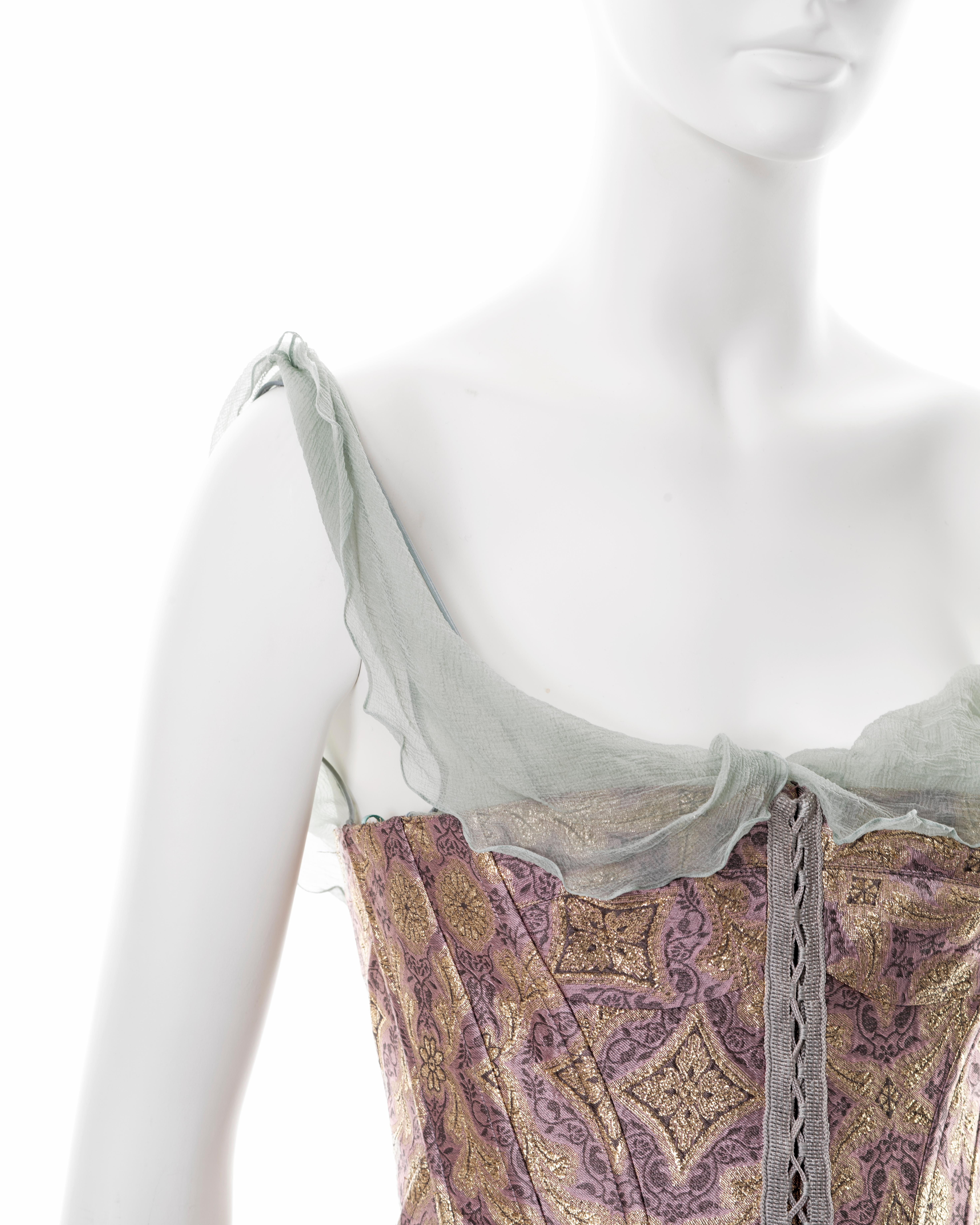 John Galliano teal bias cut silk evening dress with brocade corset, ss 2003 For Sale 2