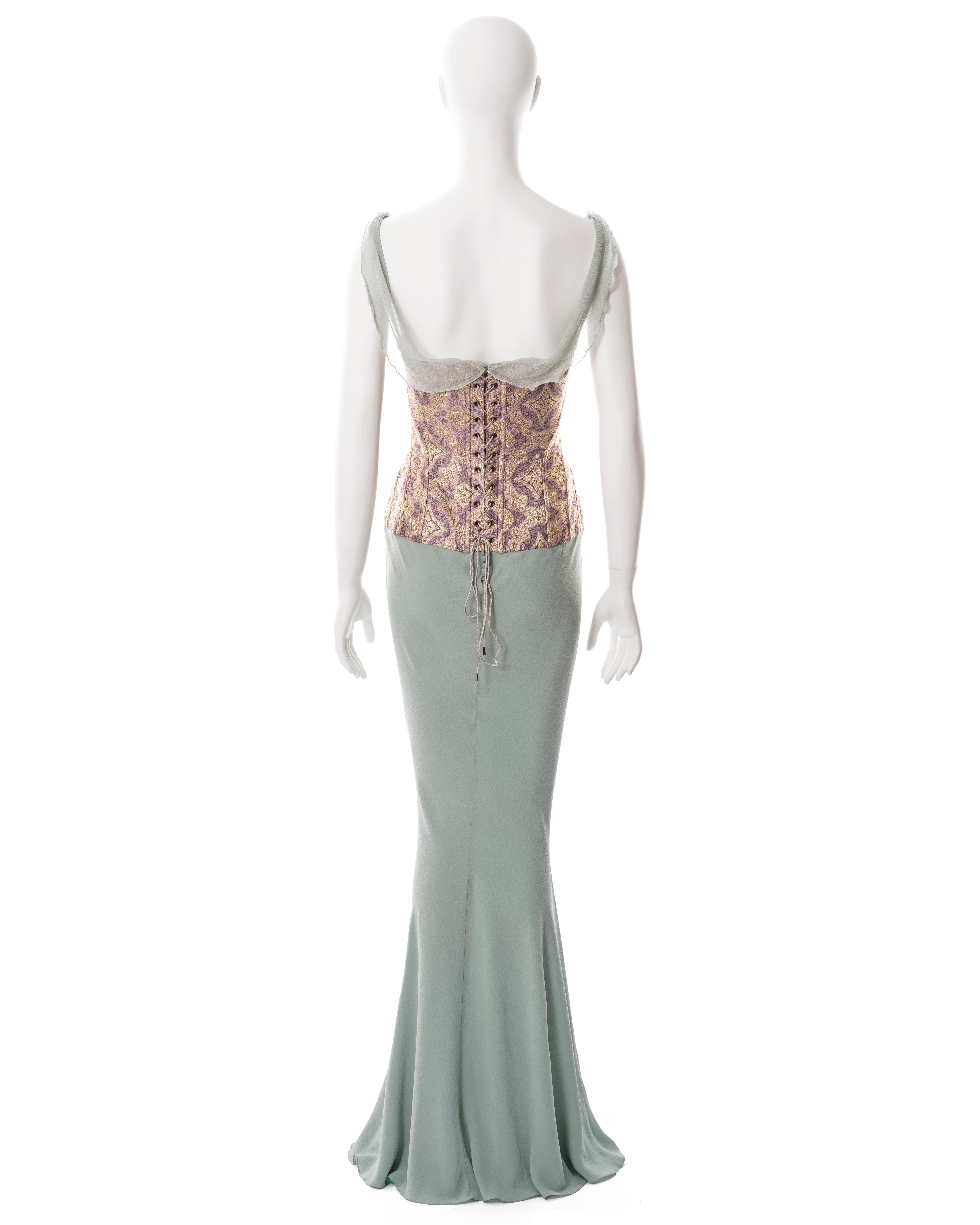 John Galliano teal bias cut silk evening dress with brocade corset, ss 2003 For Sale 3