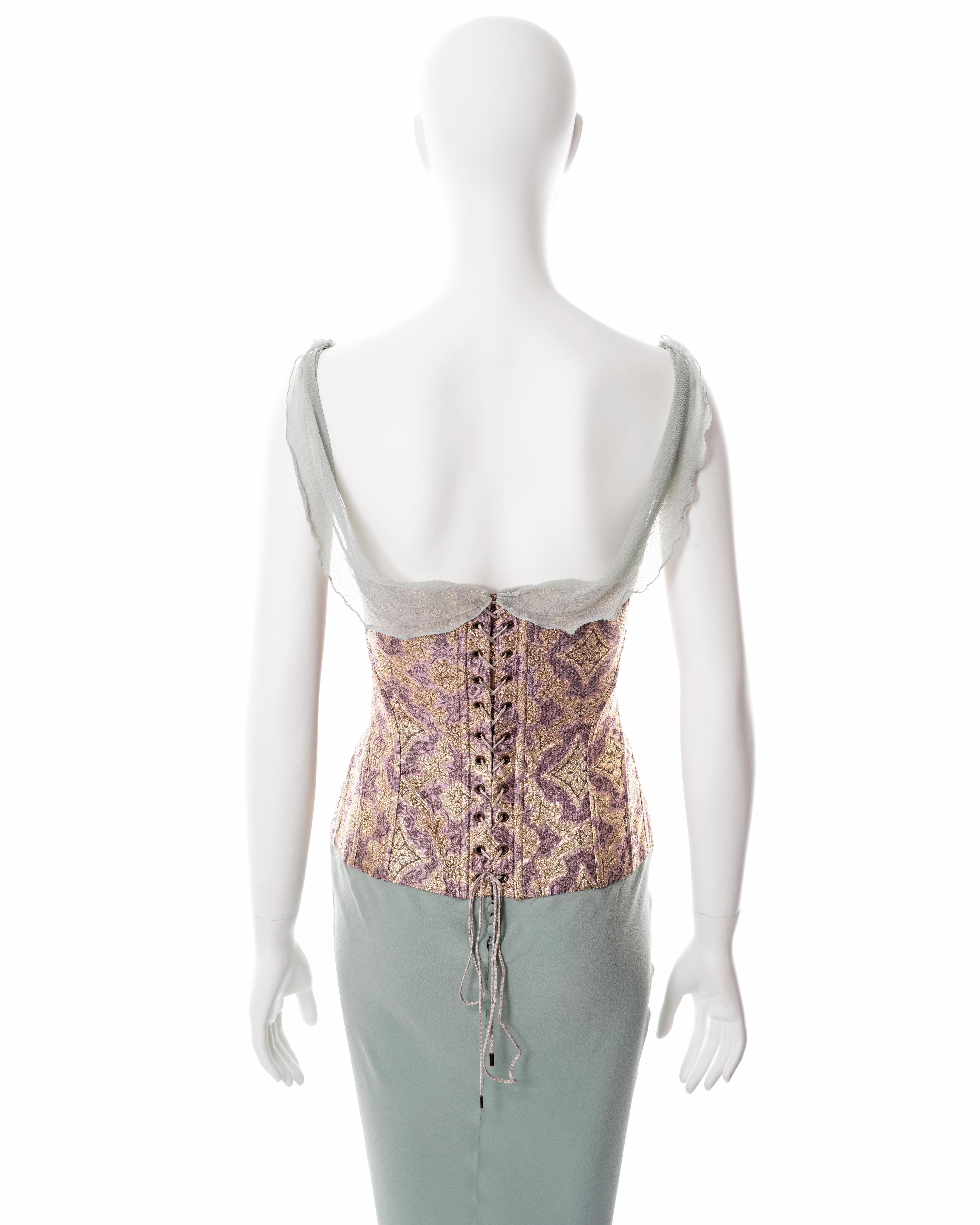 John Galliano teal bias cut silk evening dress with brocade corset, ss 2003 For Sale 4