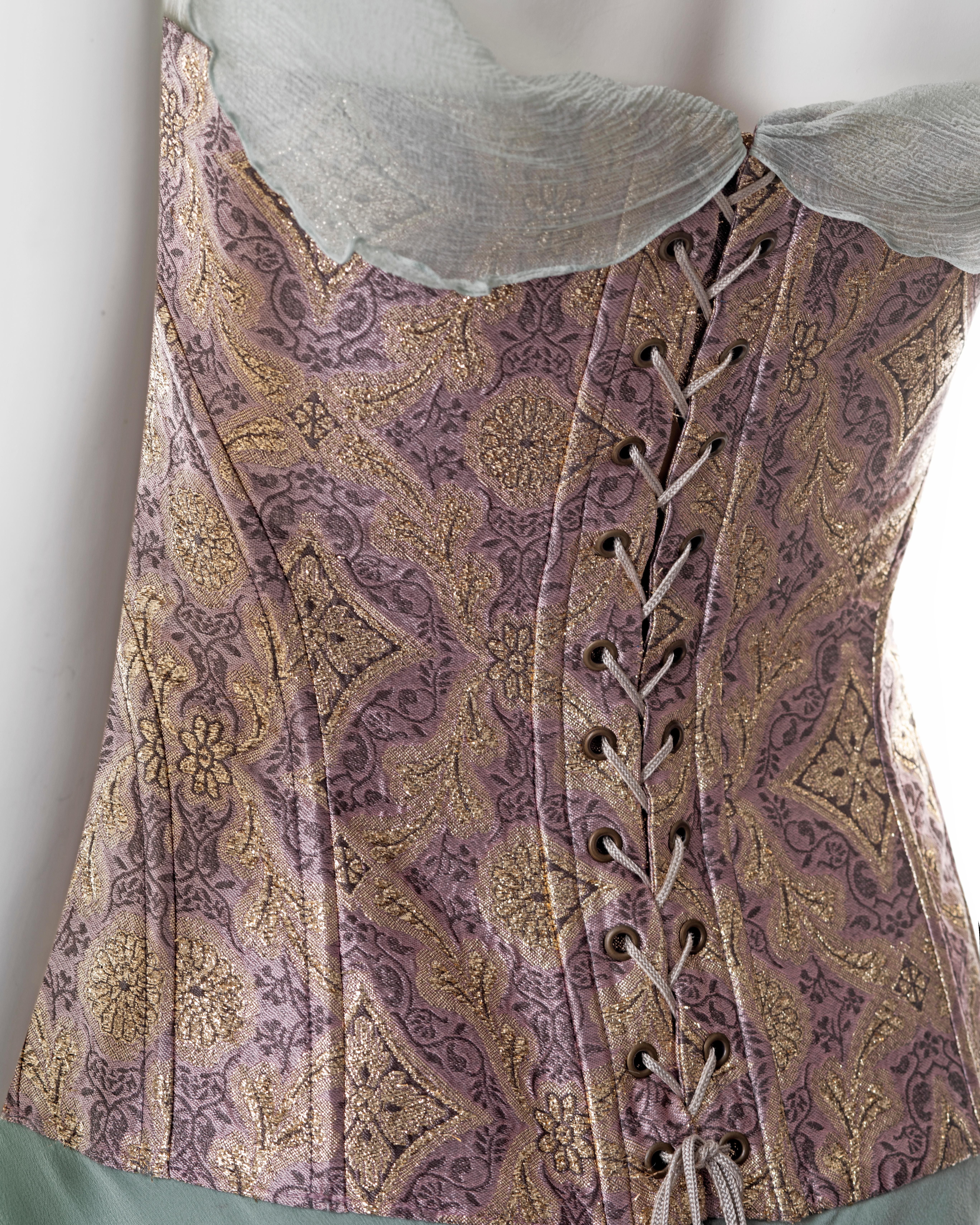 John Galliano teal bias cut silk evening dress with brocade corset, ss 2003 For Sale 5