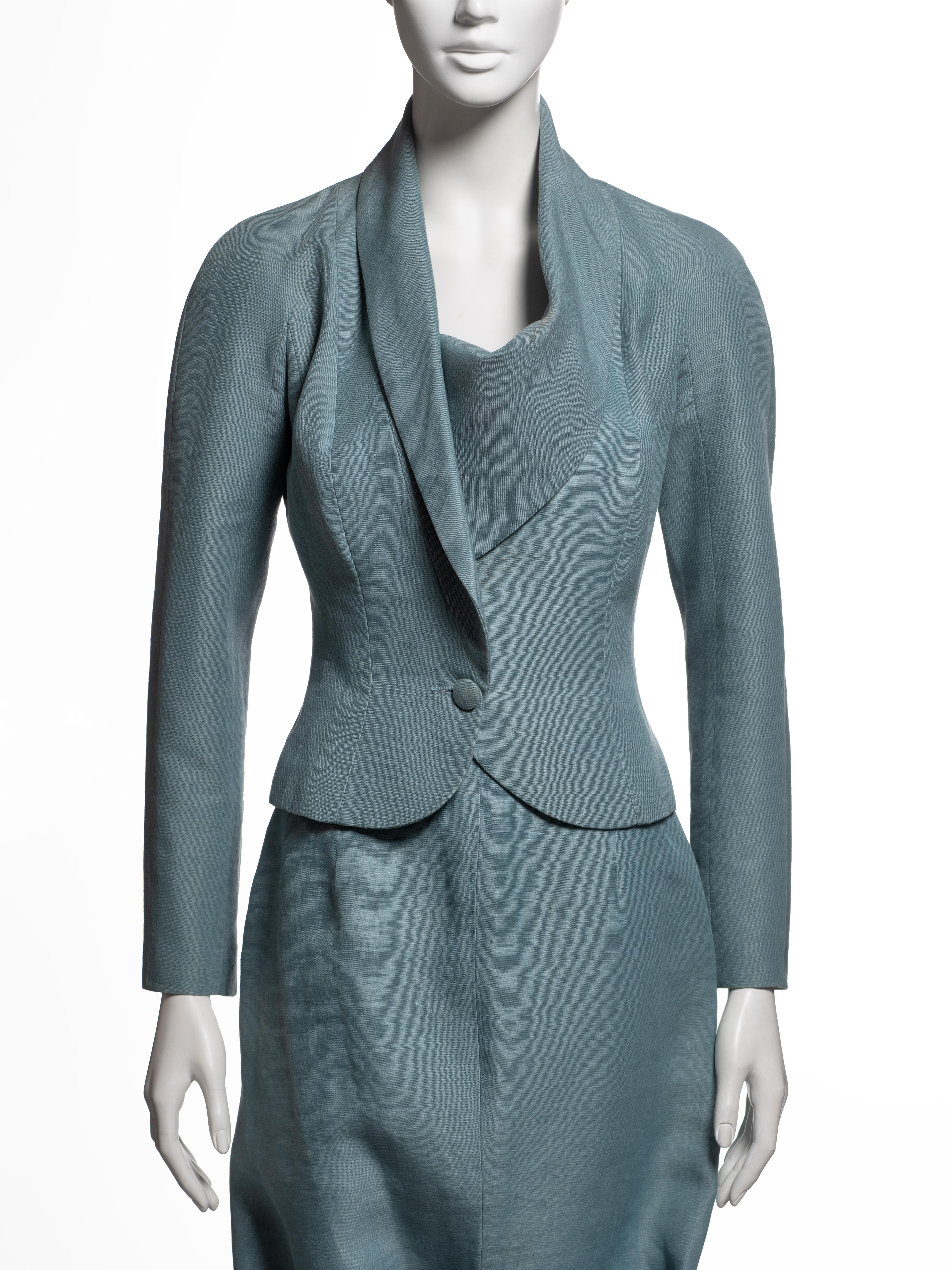 Grigio John Galliano - Blazer drappeggiato in lino verde acqua e abito con gonna - SS 1999 in vendita