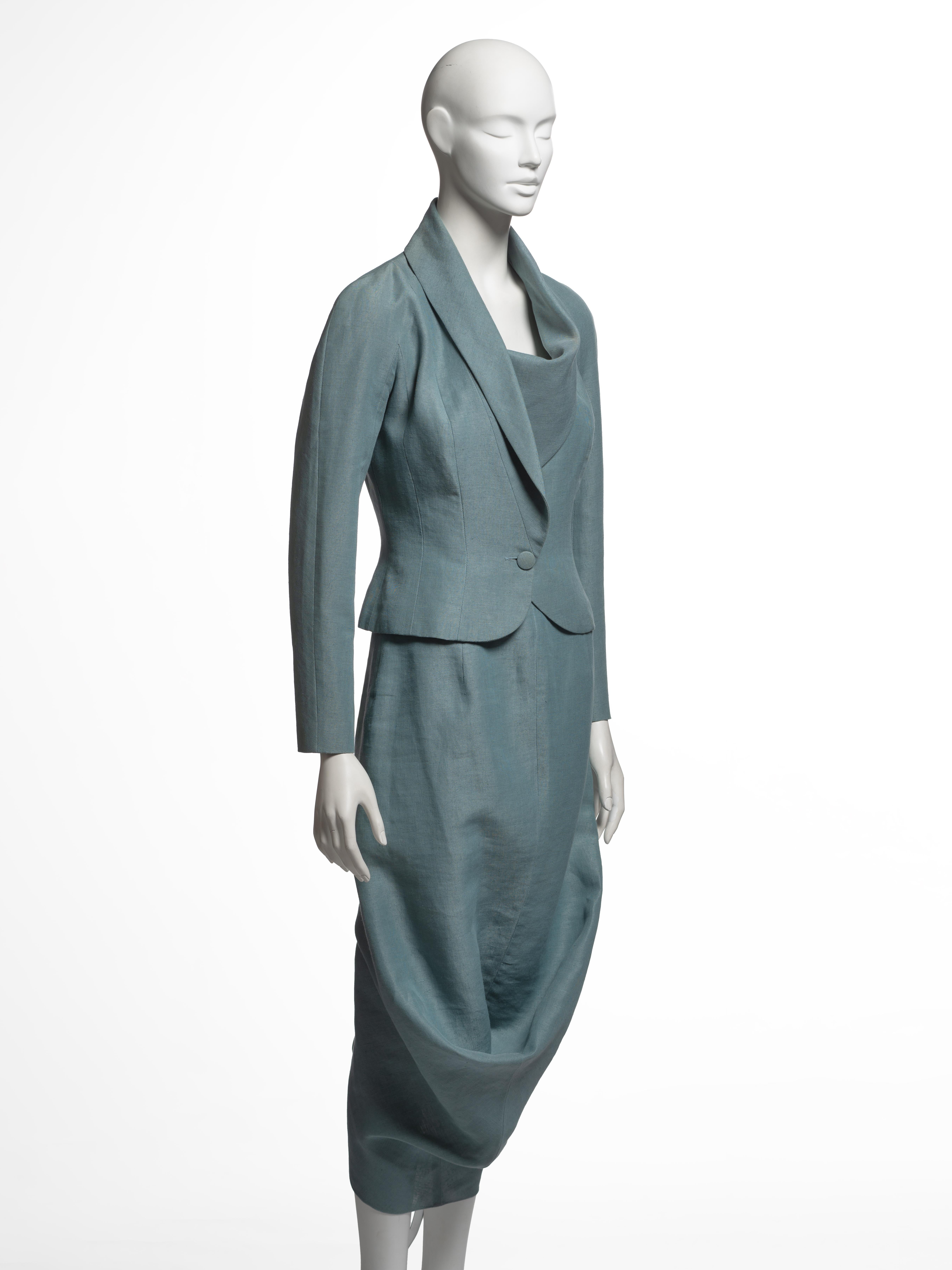 John Galliano - Blazer drappeggiato in lino verde acqua e abito con gonna - SS 1999 In condizioni ottime in vendita a London, GB