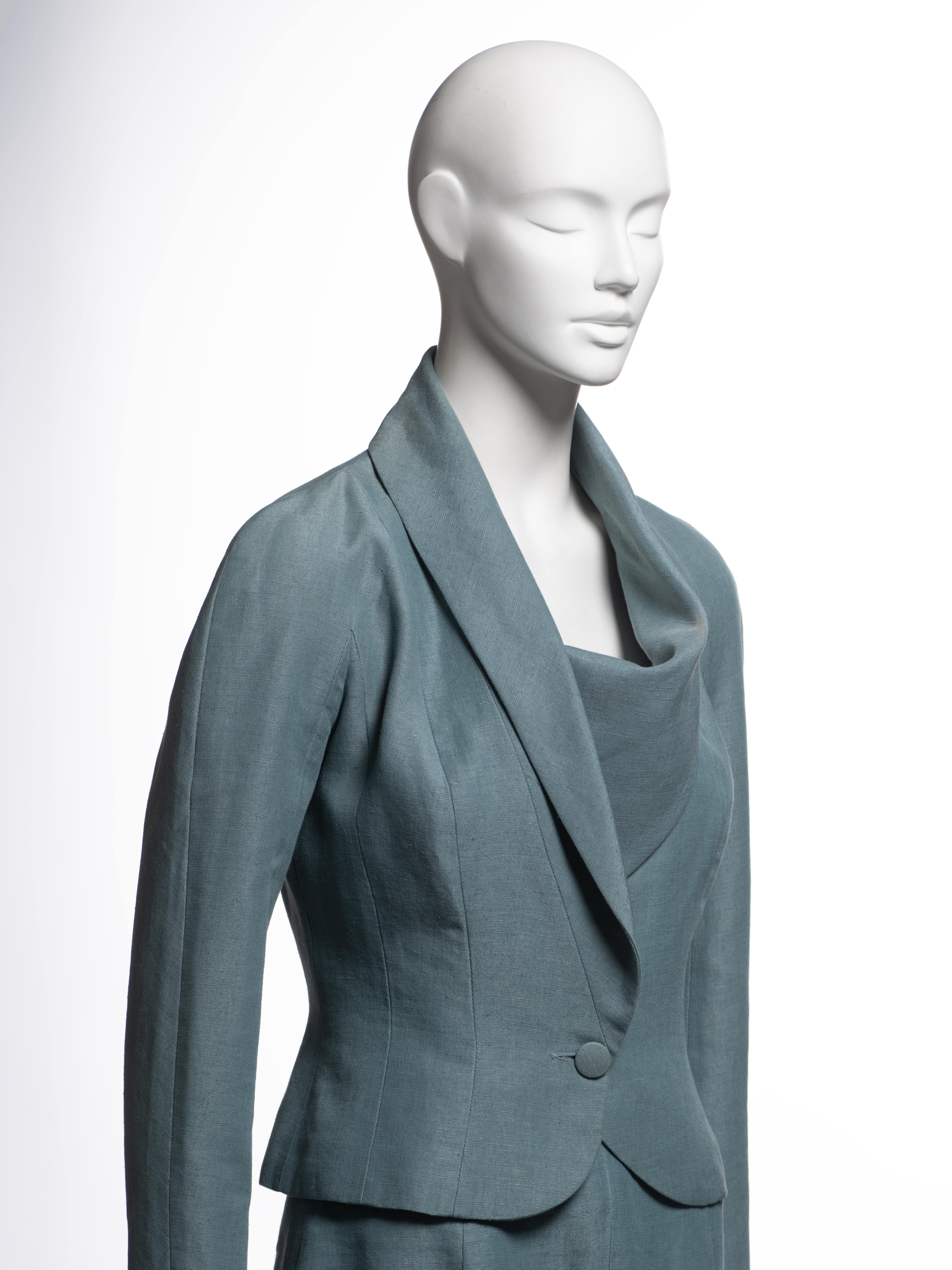Donna John Galliano - Blazer drappeggiato in lino verde acqua e abito con gonna - SS 1999 in vendita