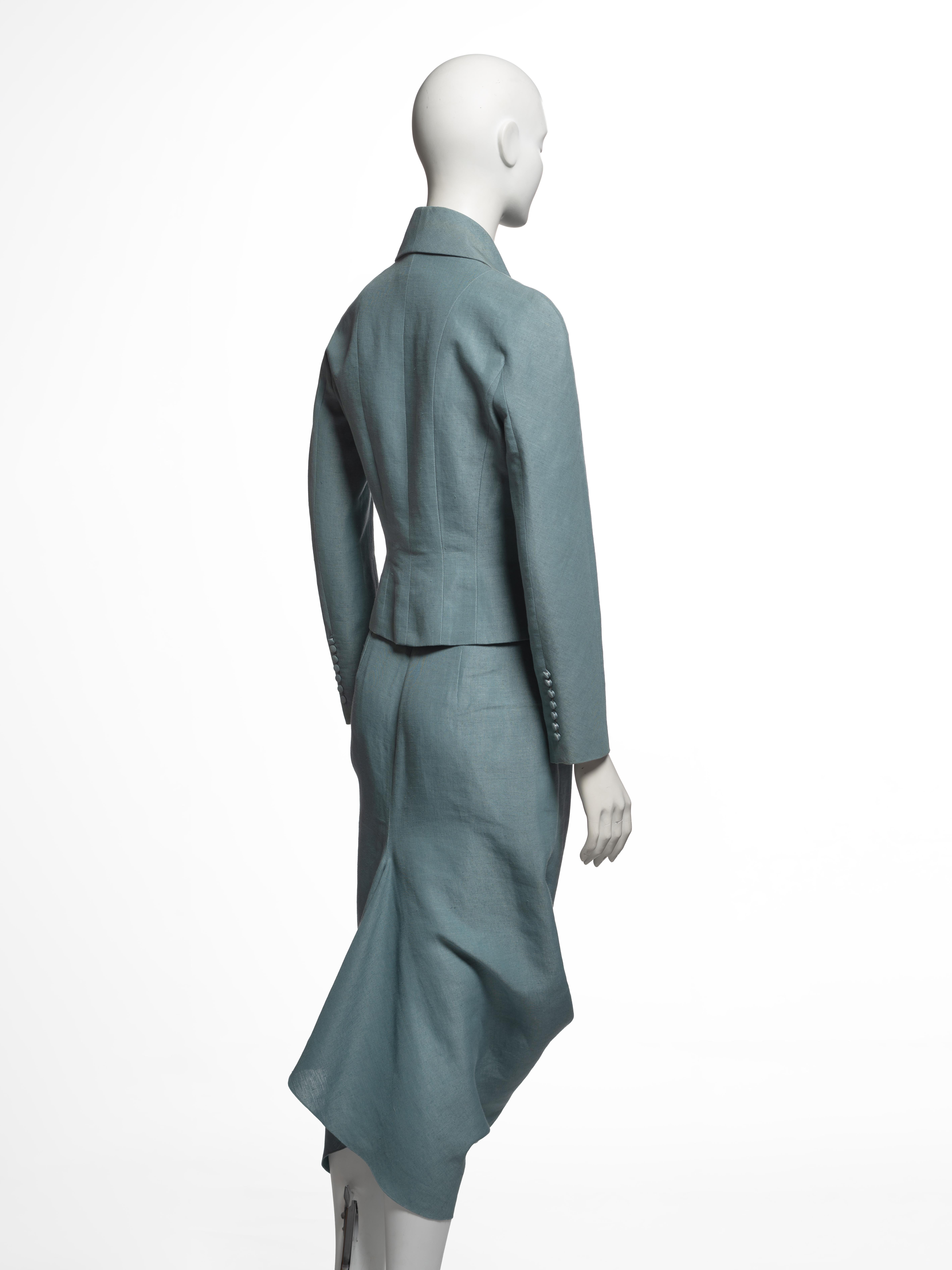 John Galliano - Blazer drappeggiato in lino verde acqua e abito con gonna - SS 1999 in vendita 1