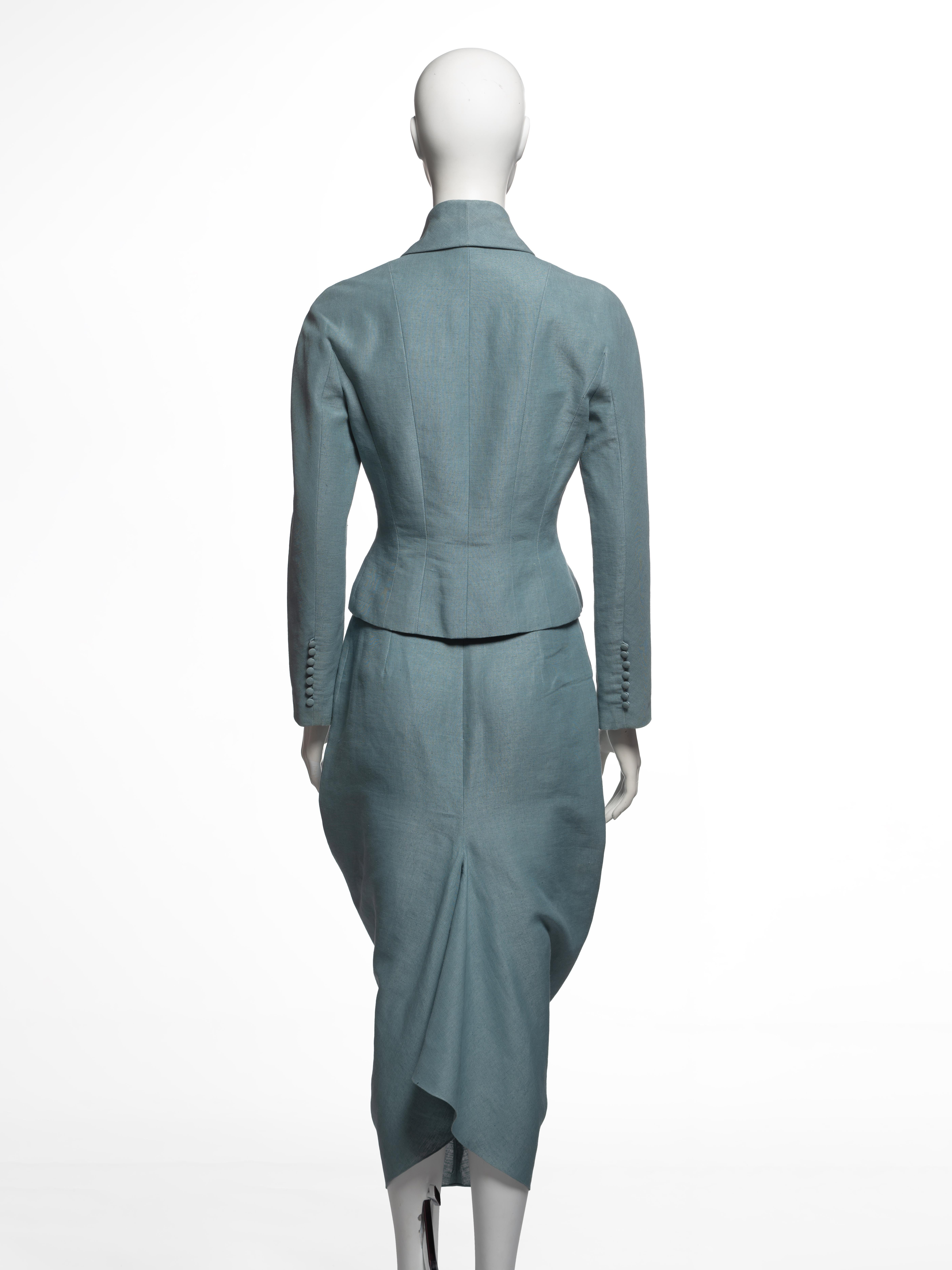 John Galliano - Blazer drappeggiato in lino verde acqua e abito con gonna - SS 1999 in vendita 2
