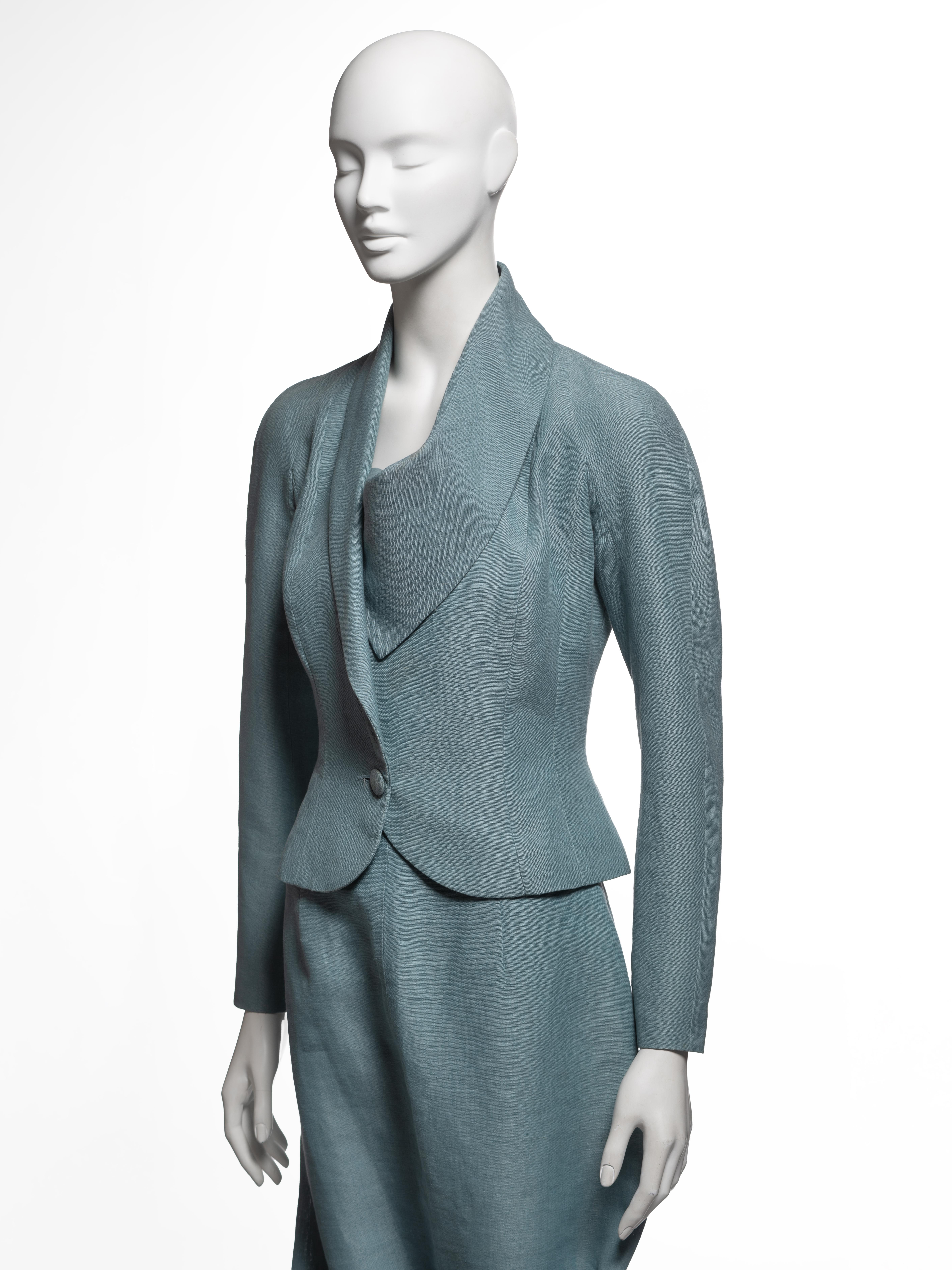 John Galliano - Blazer drappeggiato in lino verde acqua e abito con gonna - SS 1999 in vendita 4