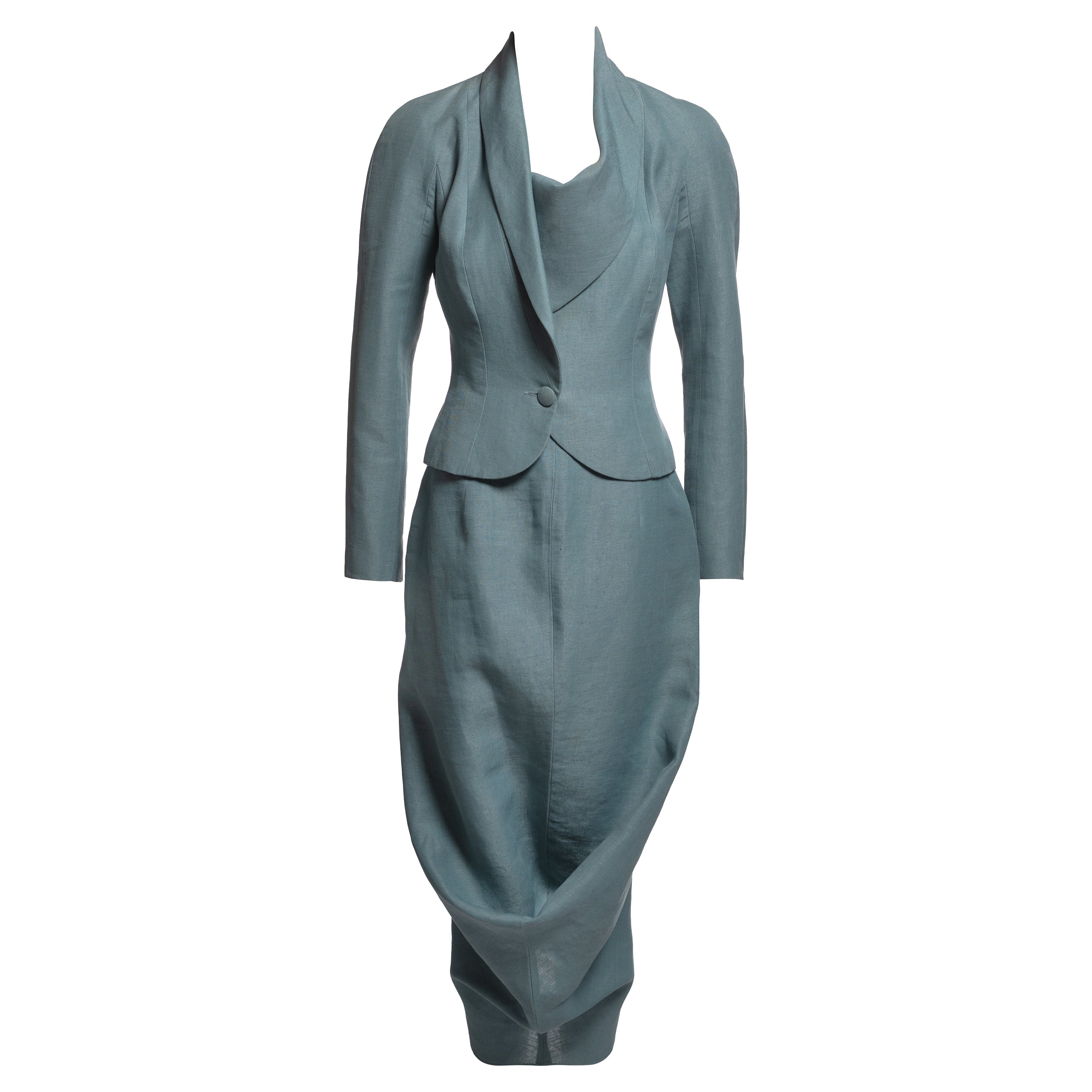 John Galliano - Blazer drappeggiato in lino verde acqua e abito con gonna - SS 1999