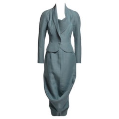 John Galliano Teal Linen Draped Blazer and Skirt Suit Ensemble, SS 1999