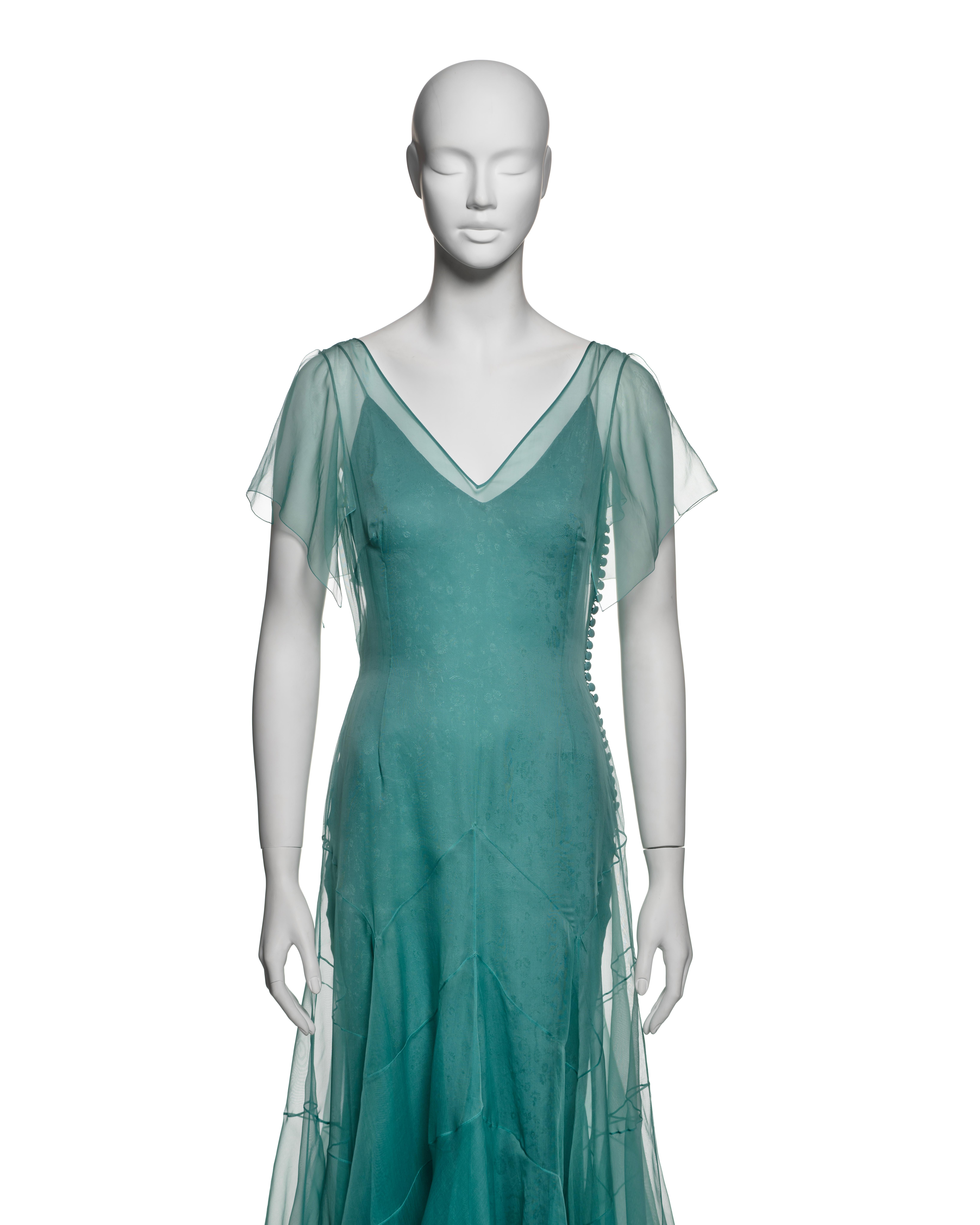 Blue John Galliano Teal Silk Organza Panelled Dress with Jacquard Slip, SS 1998 For Sale