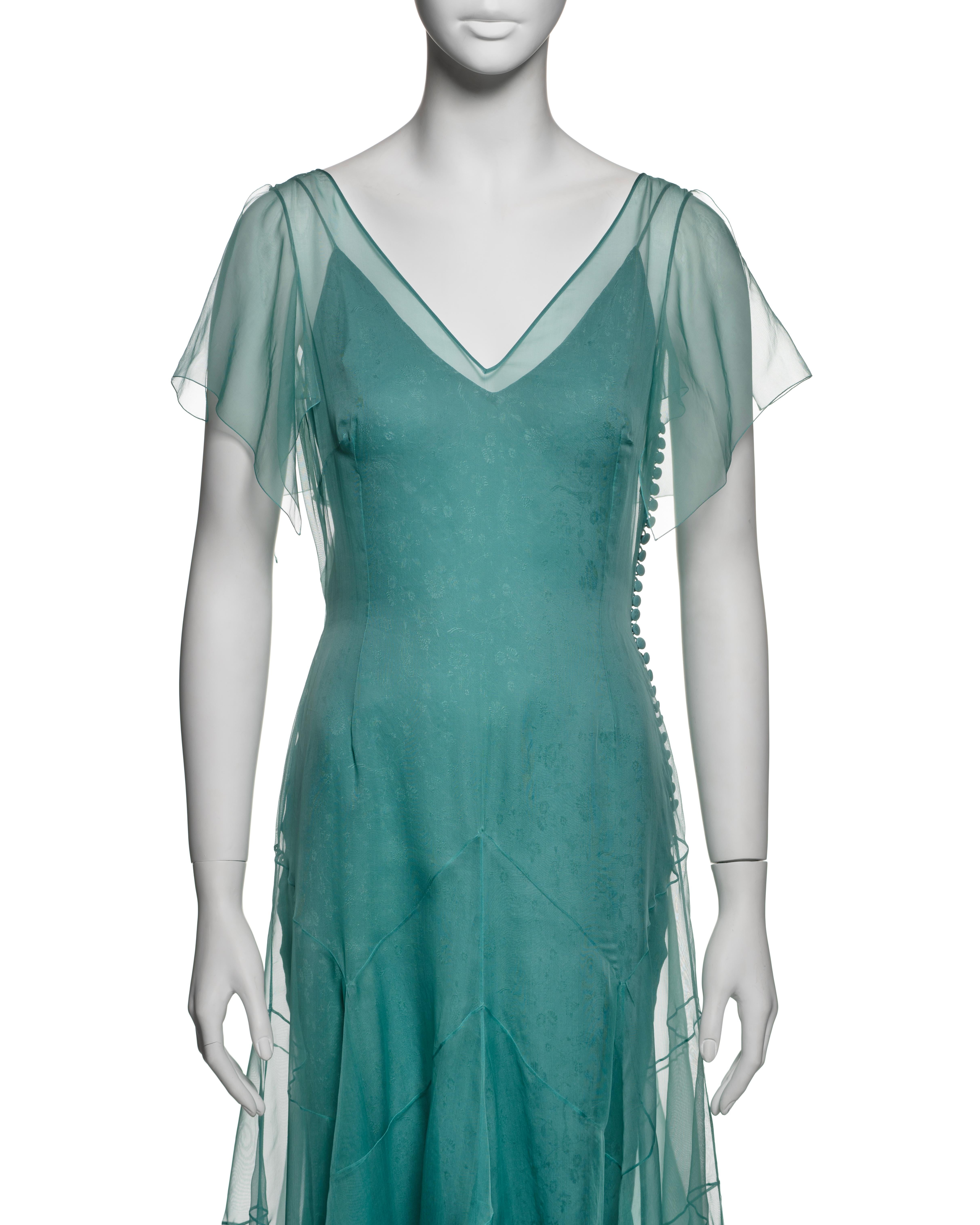 John Galliano Teal Silk Organza Panelled Dress with Jacquard Slip, SS 1998 In Good Condition For Sale In London, GB