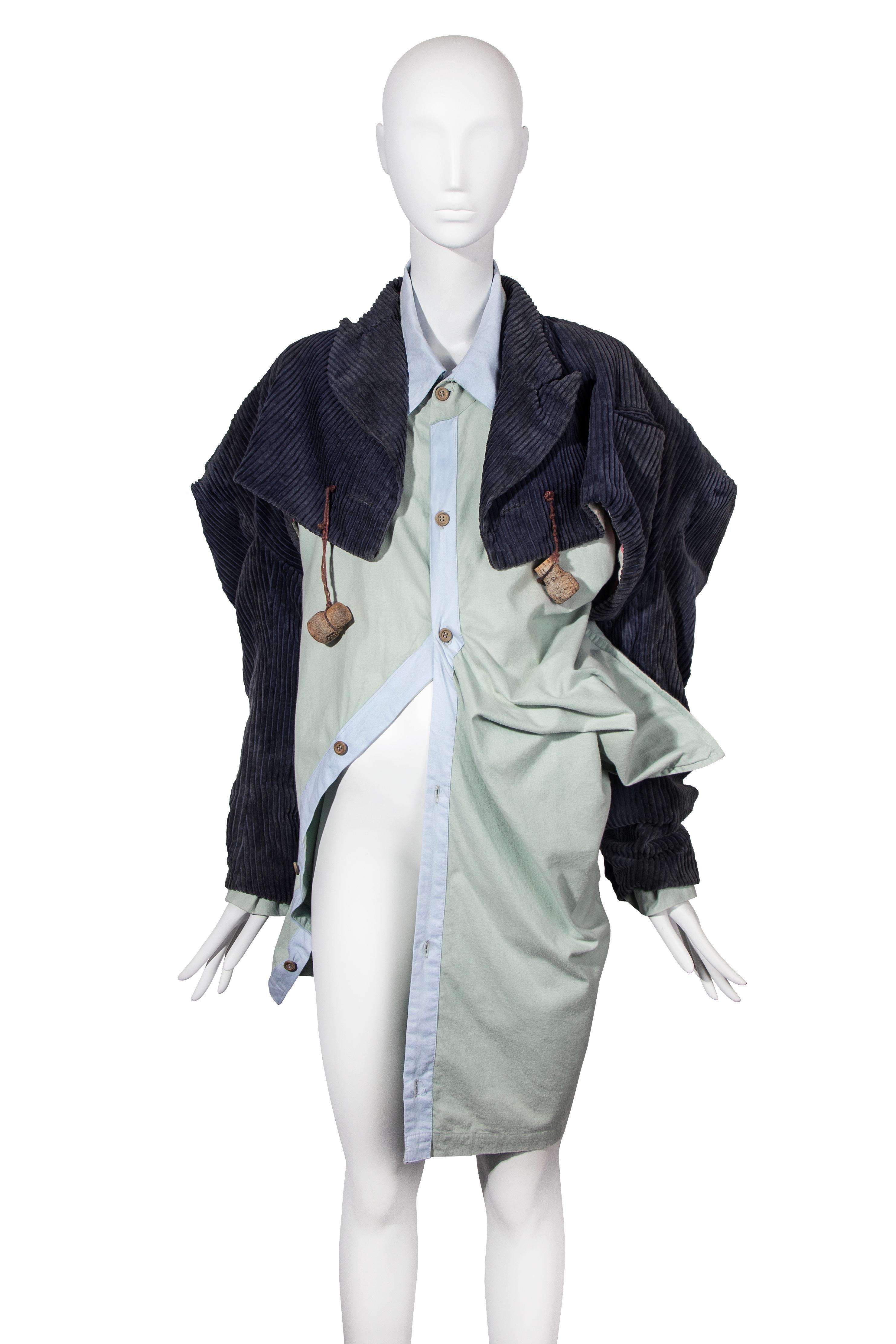 A John Galliano spencer jacket and oversized shirt pair, fall-winter 1985 'The Ludic Games'. These incredibly rare and early garments, worn together, are from Galliano's first runway show—his third collection. The collection inspired by Angela