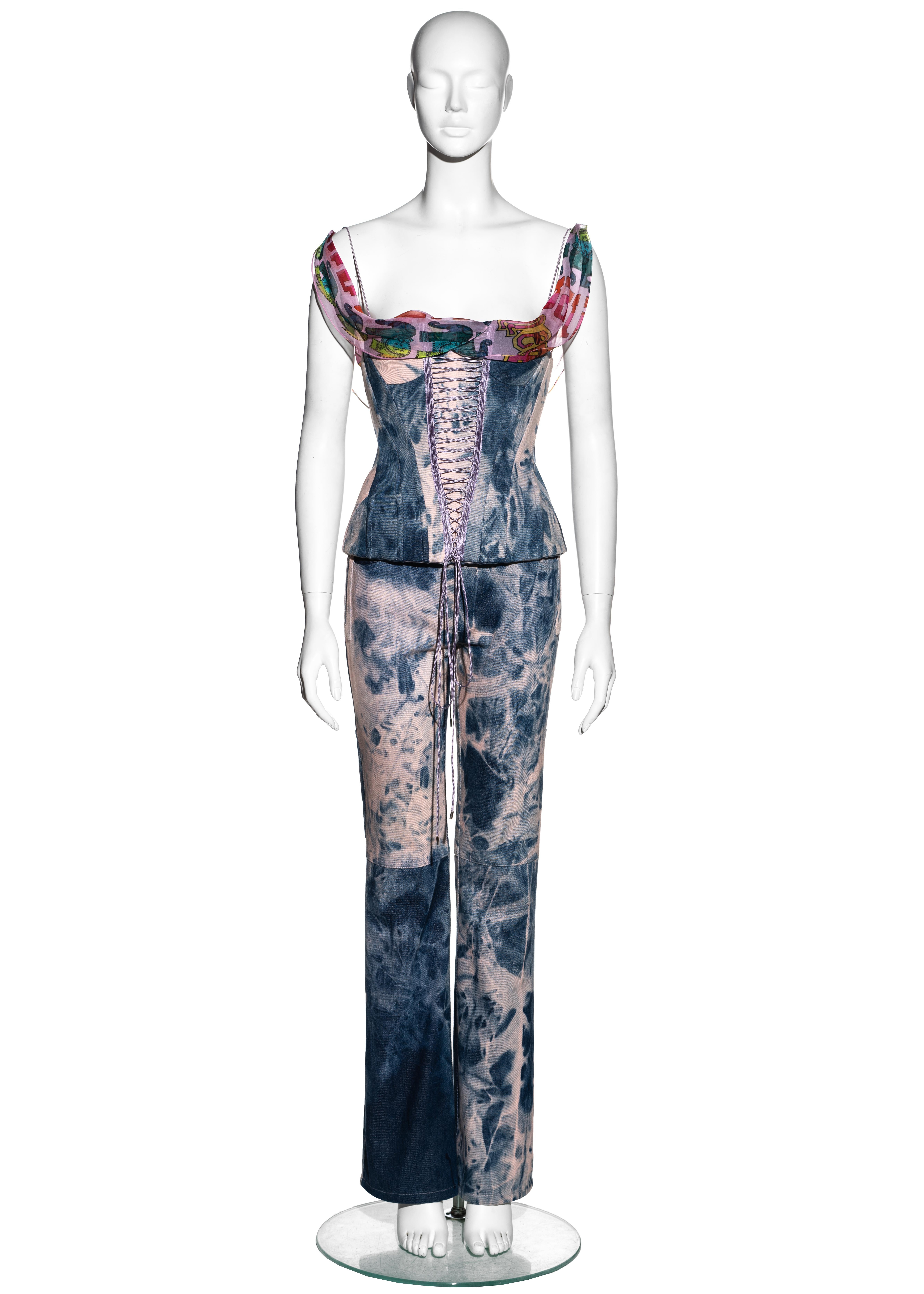 ▪ John Galliano tie dye pink and blue denim two piece set
▪ 100% Cotton, 100% Silk
▪ Off shoulder corset
▪ Silk chiffon detail around neckline and shoulders
▪ Lace up fastening at centre back 
▪ Decorative pink lacing at centre front
▪ Straight-leg