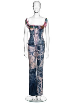 John Galliano tie dye pink and blue denim corset and pants set, ss 2003