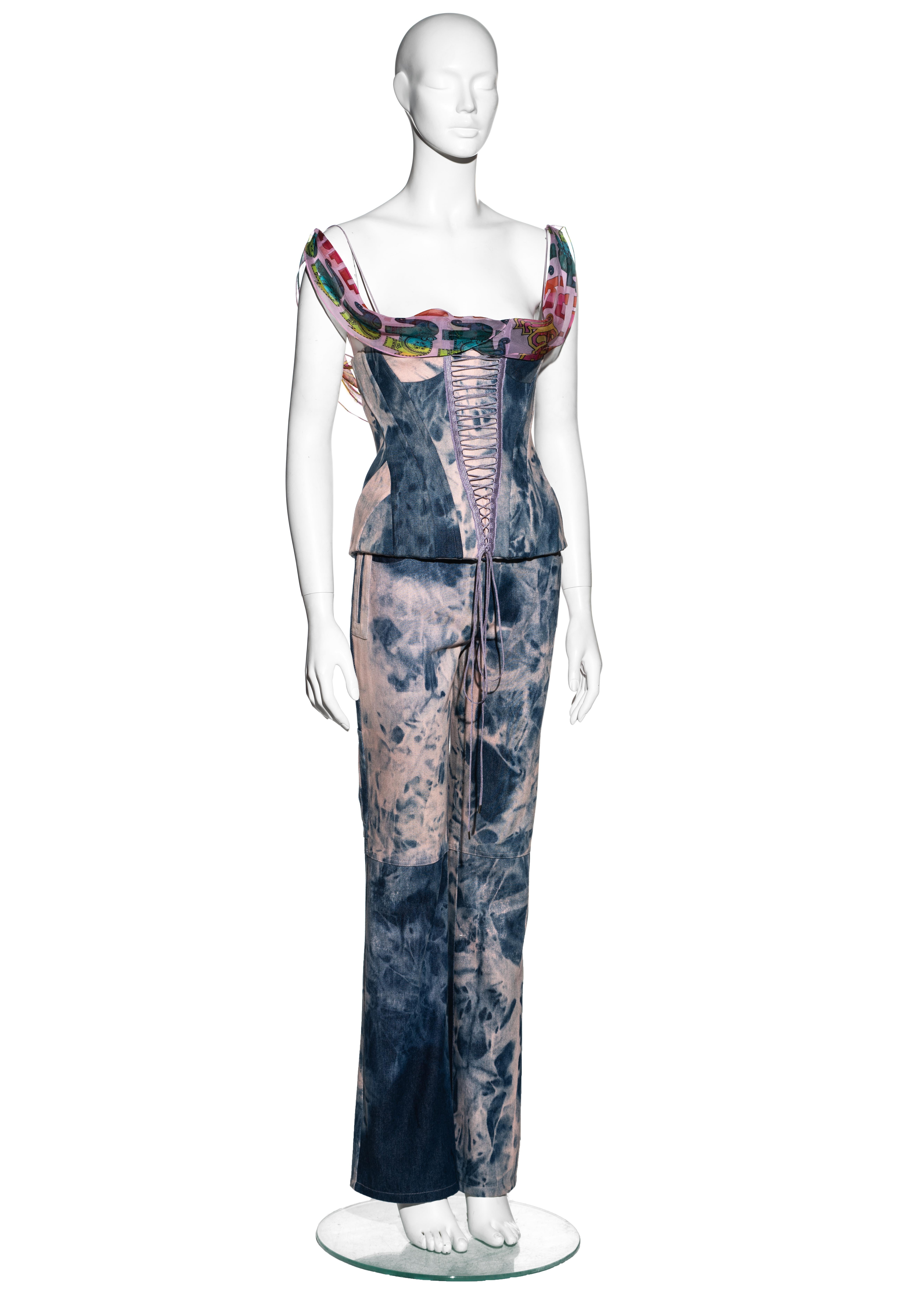Gray John Galliano tie dye pink and blue denim corset and pants set, ss 2003